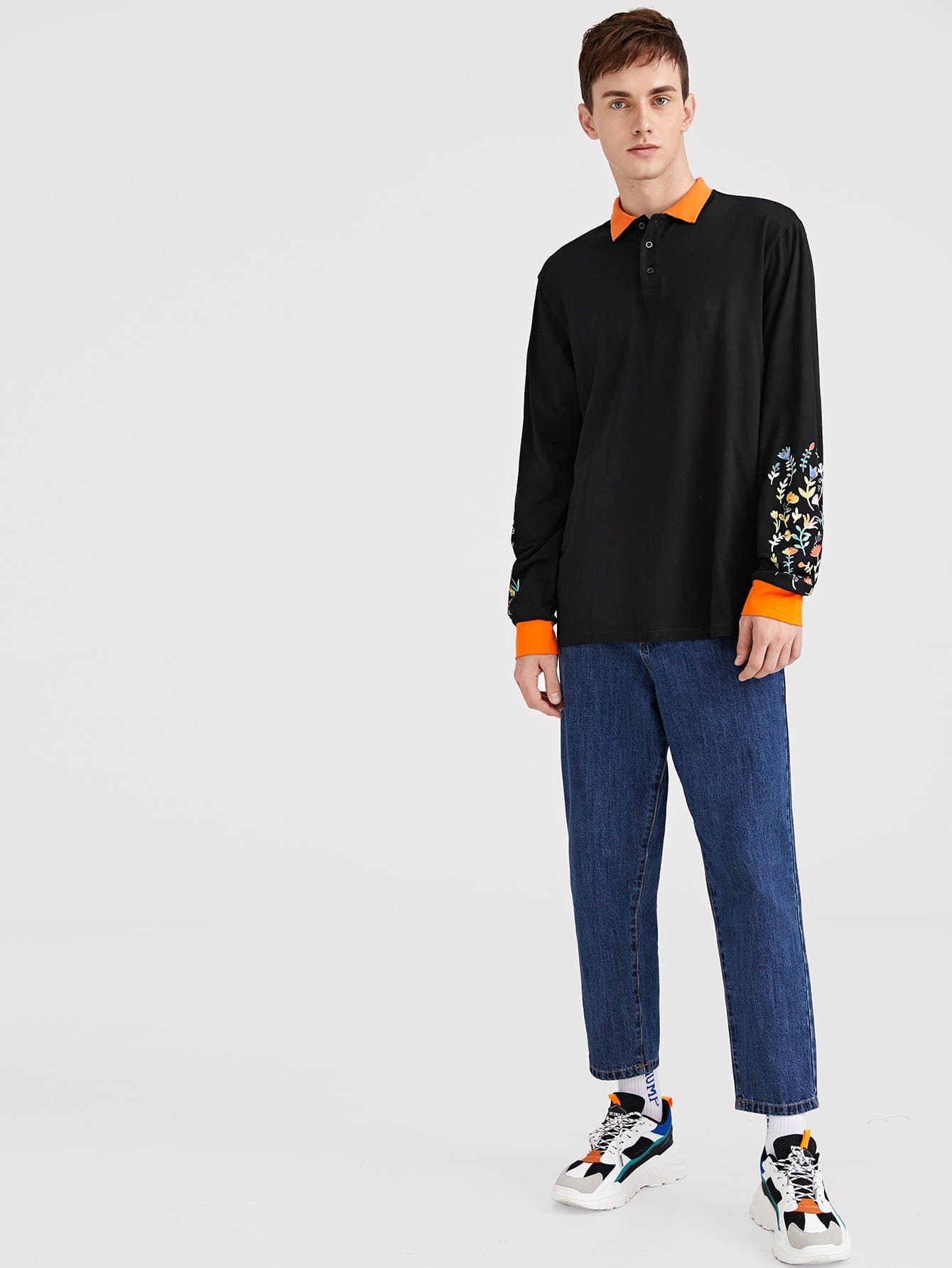 Black Flower Print Sleeve Polo Shirt