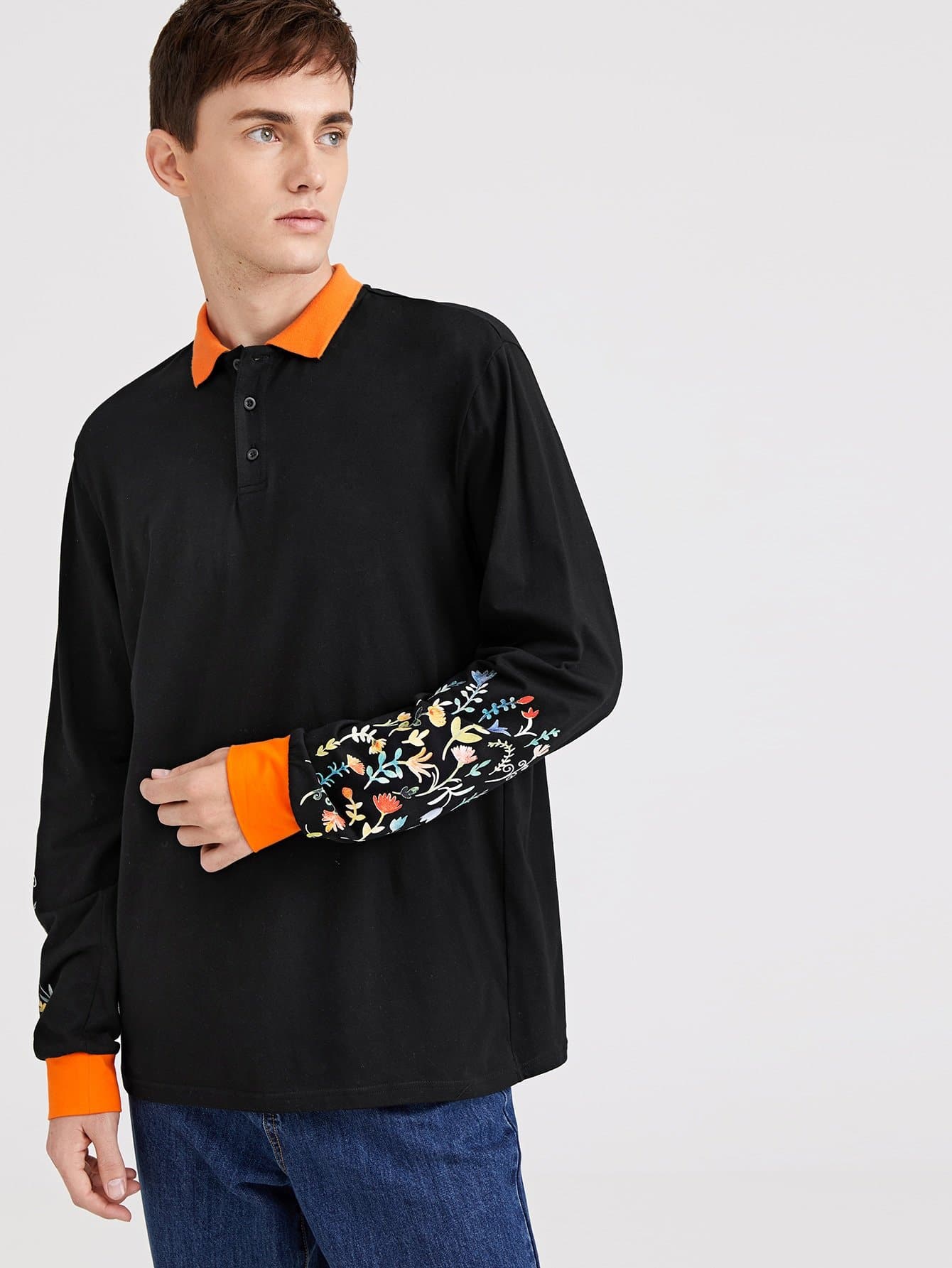 Black Flower Print Sleeve Polo Shirt