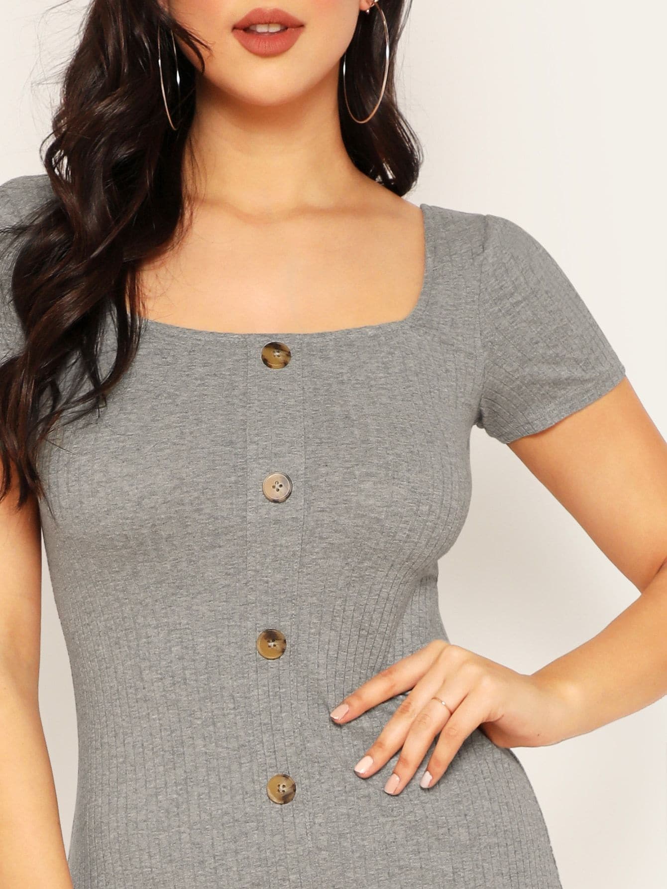 Grey Button Front Square Neck Ribbed Bodycon Dress