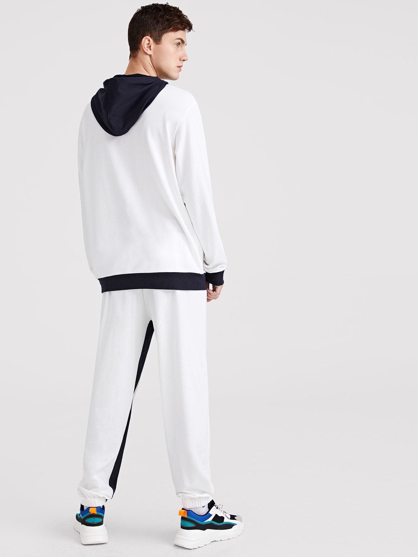 Black and White Slant Pocket Drawstring Hoodie & Pants Set