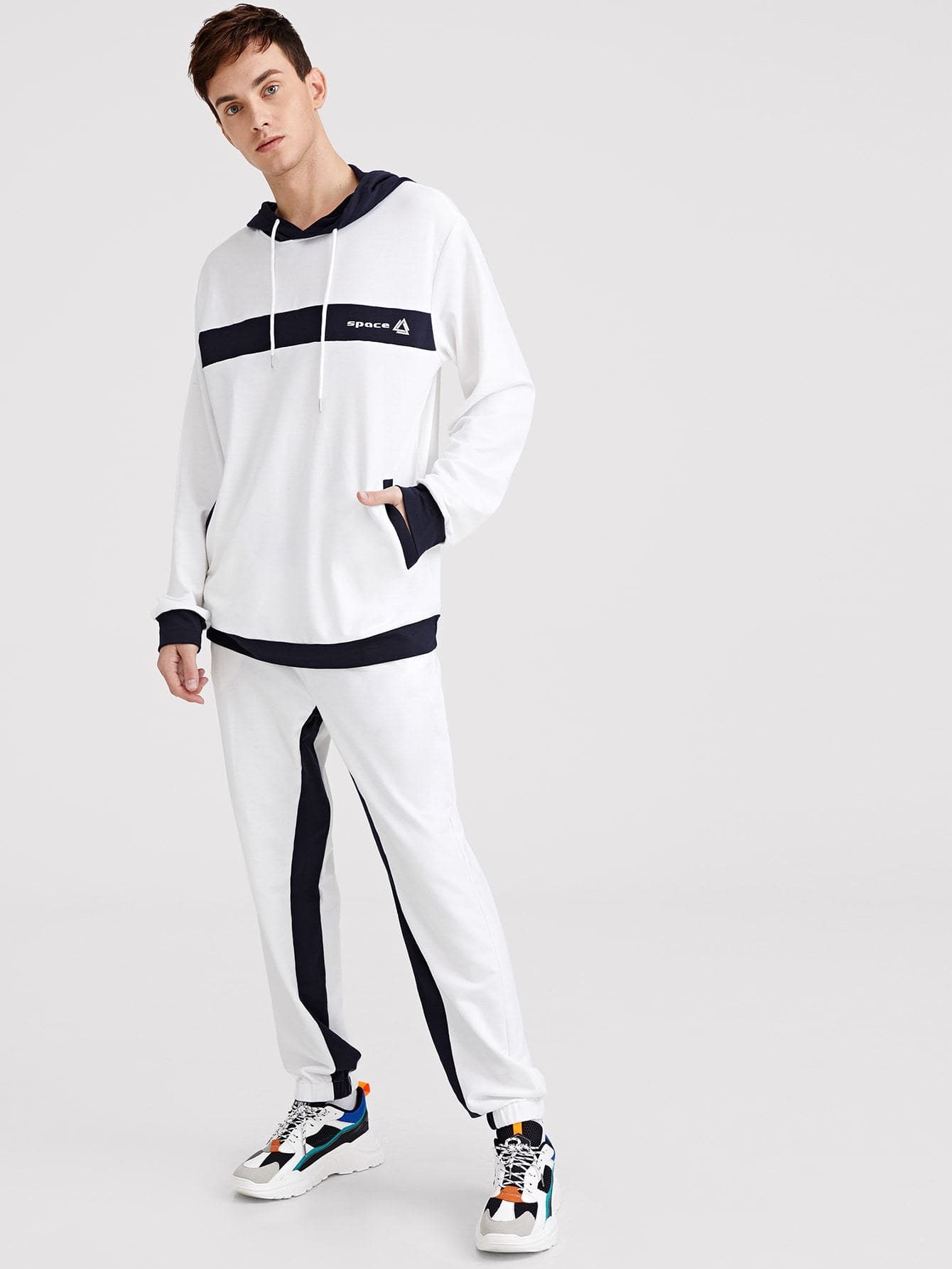 Black and White Slant Pocket Drawstring Hoodie & Pants Set