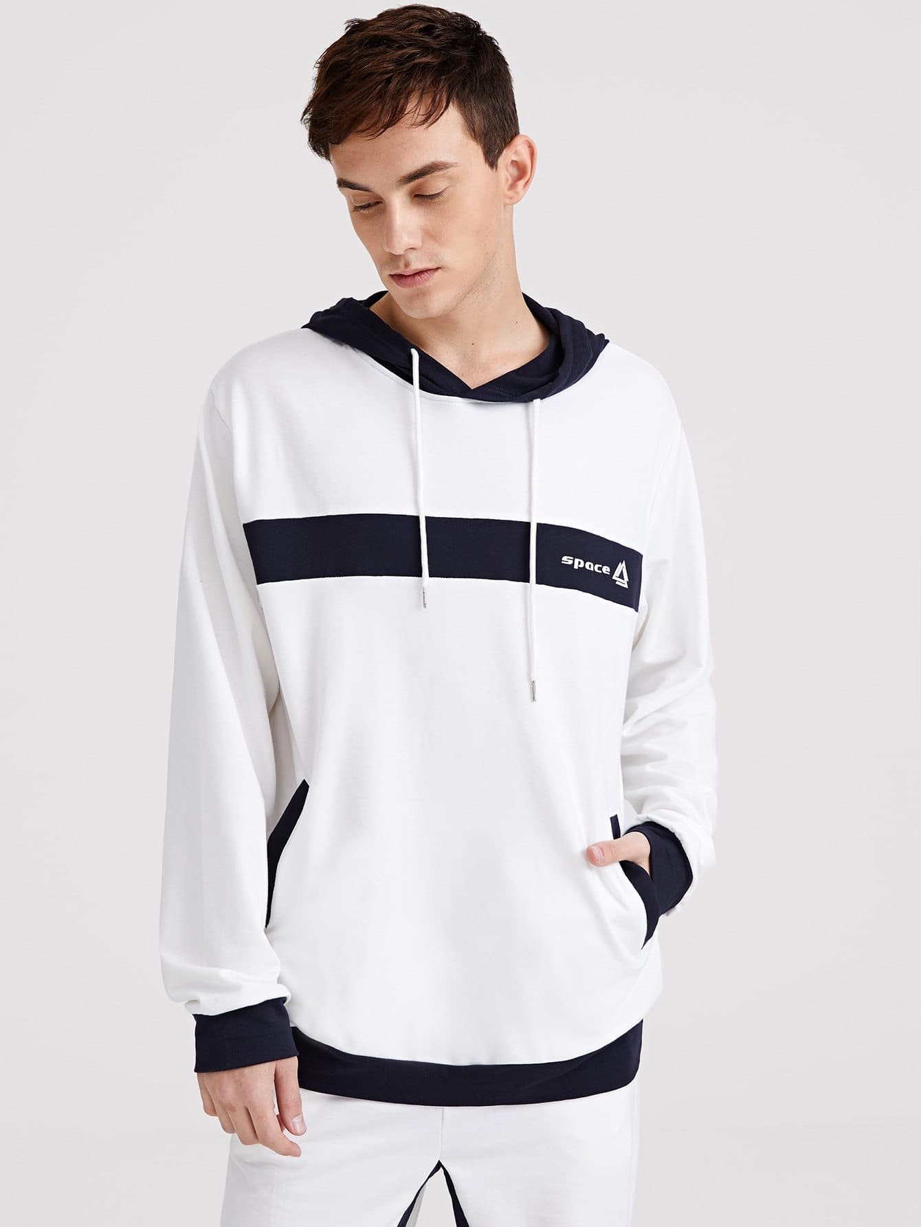 Black and White Slant Pocket Drawstring Hoodie & Pants Set
