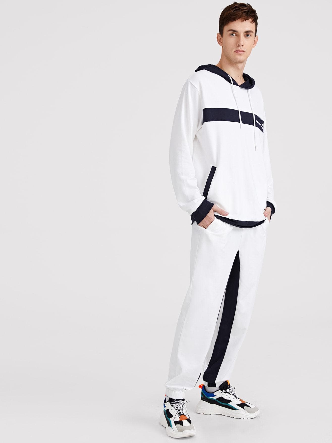 Black and White Slant Pocket Drawstring Hoodie & Pants Set