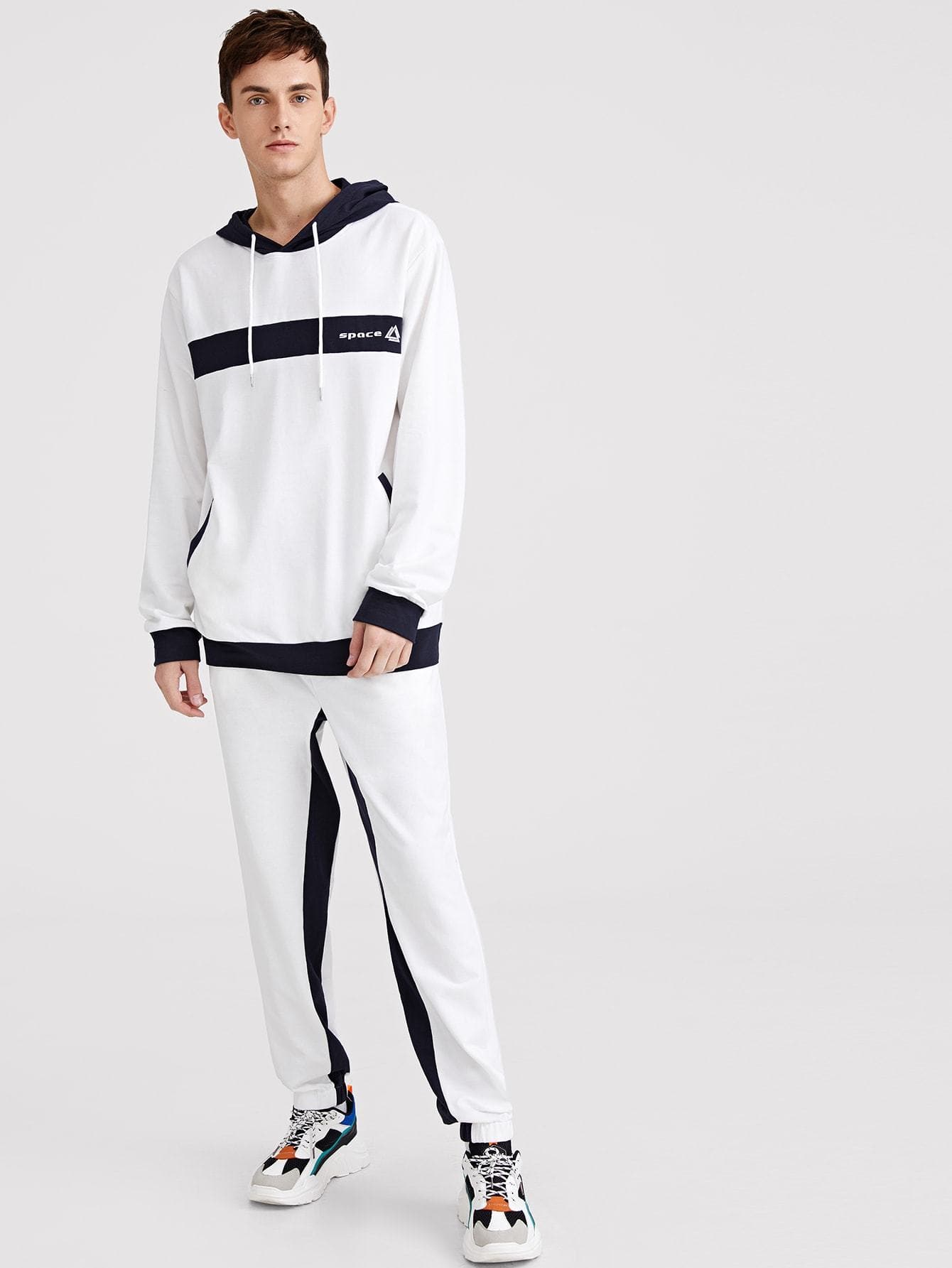 Black and White Slant Pocket Drawstring Hoodie & Pants Set