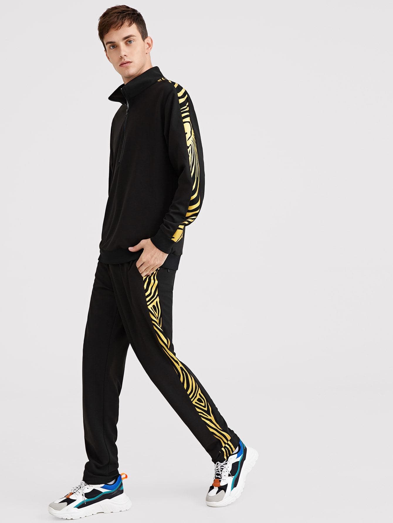 Black Stand Collar Zip Front Pullover & Contrast Side Seam Pants Set