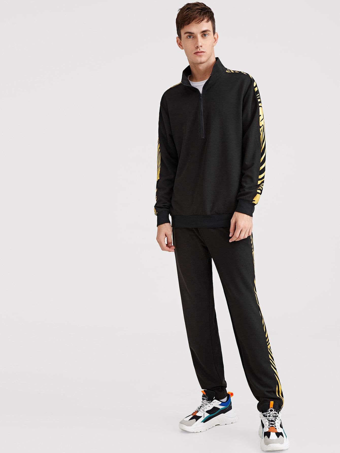 Black Stand Collar Zip Front Pullover & Contrast Side Seam Pants Set