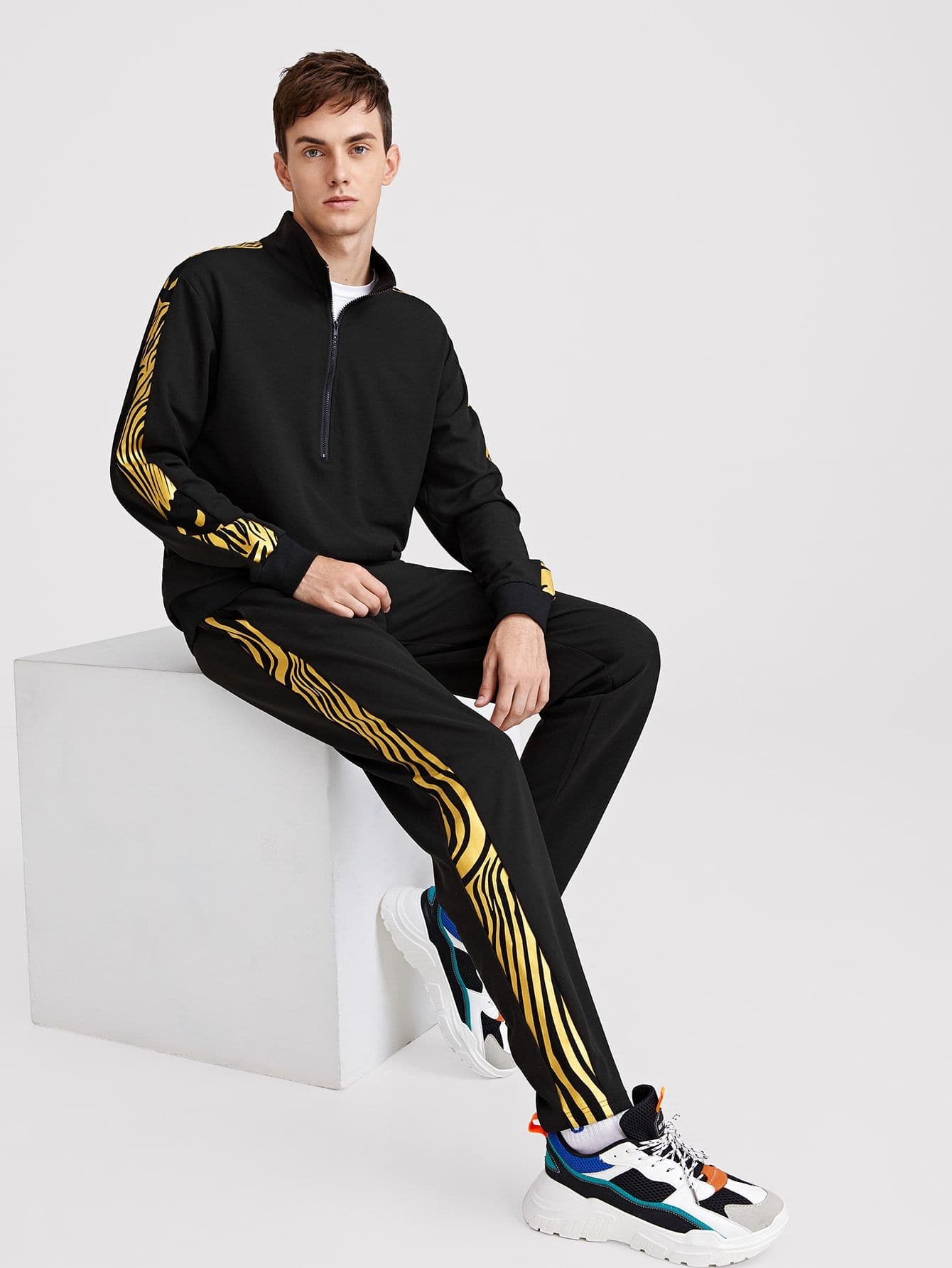 Black Stand Collar Zip Front Pullover & Contrast Side Seam Pants Set