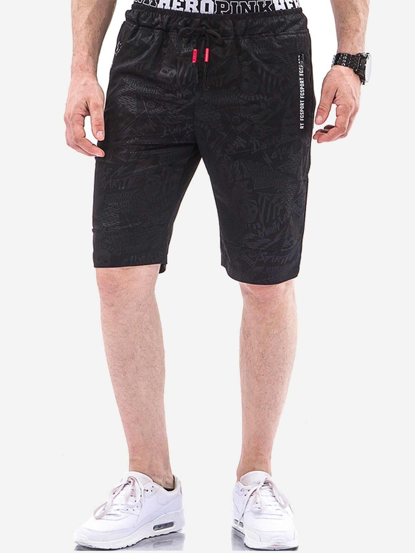 Black 100% Cotton Letter Print Drawstring Shorts