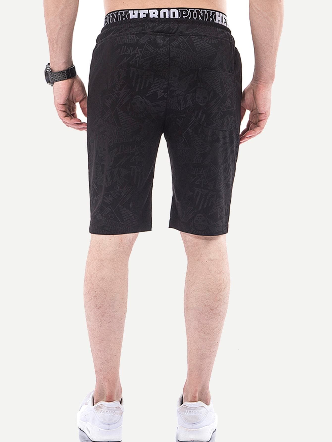 Black 100% Cotton Letter Print Drawstring Shorts