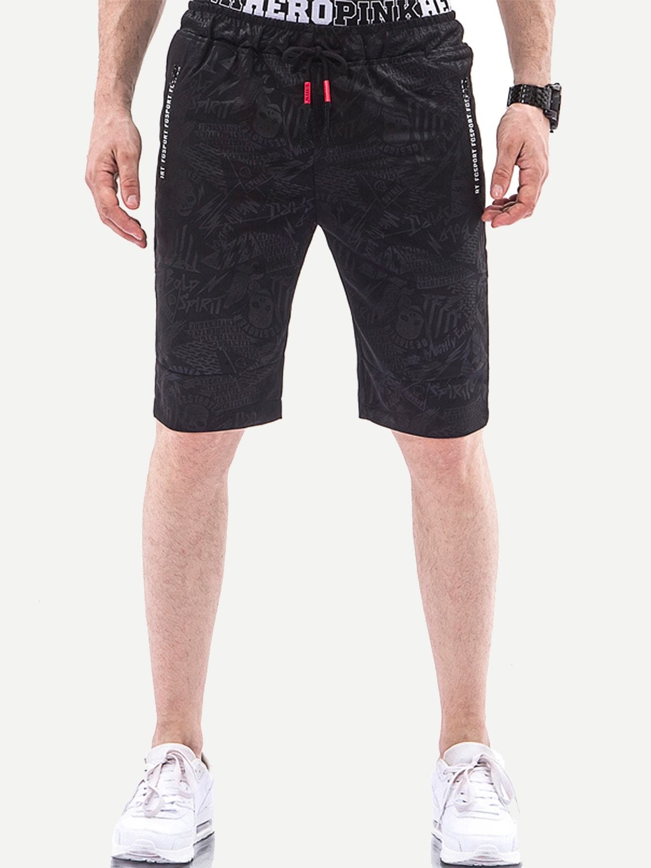 Black 100% Cotton Letter Print Drawstring Shorts