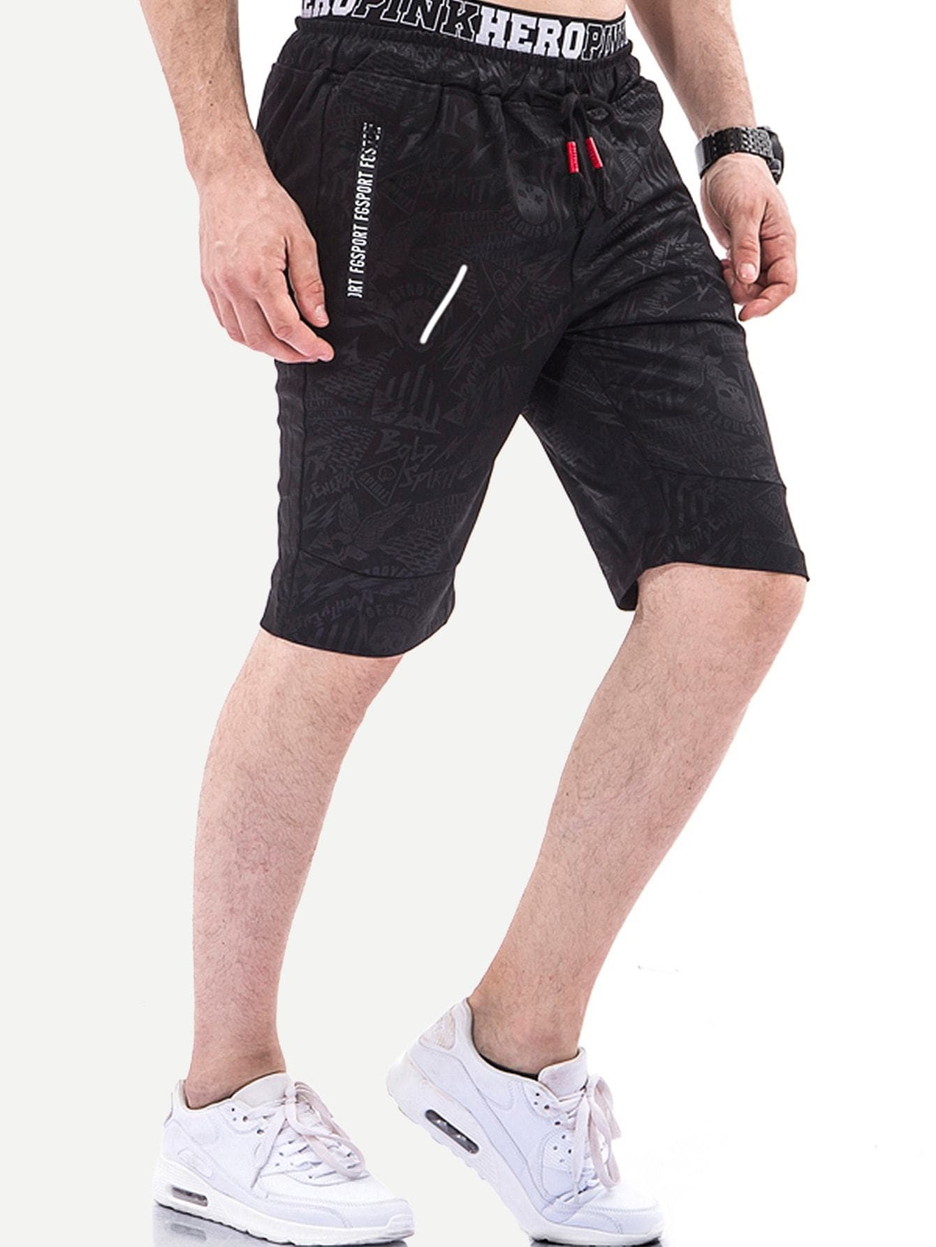 Black 100% Cotton Letter Print Drawstring Shorts