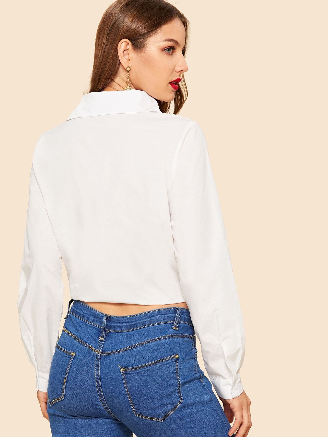 White Long Sleeve 80s Button Up Knot Hem Crop Shirt