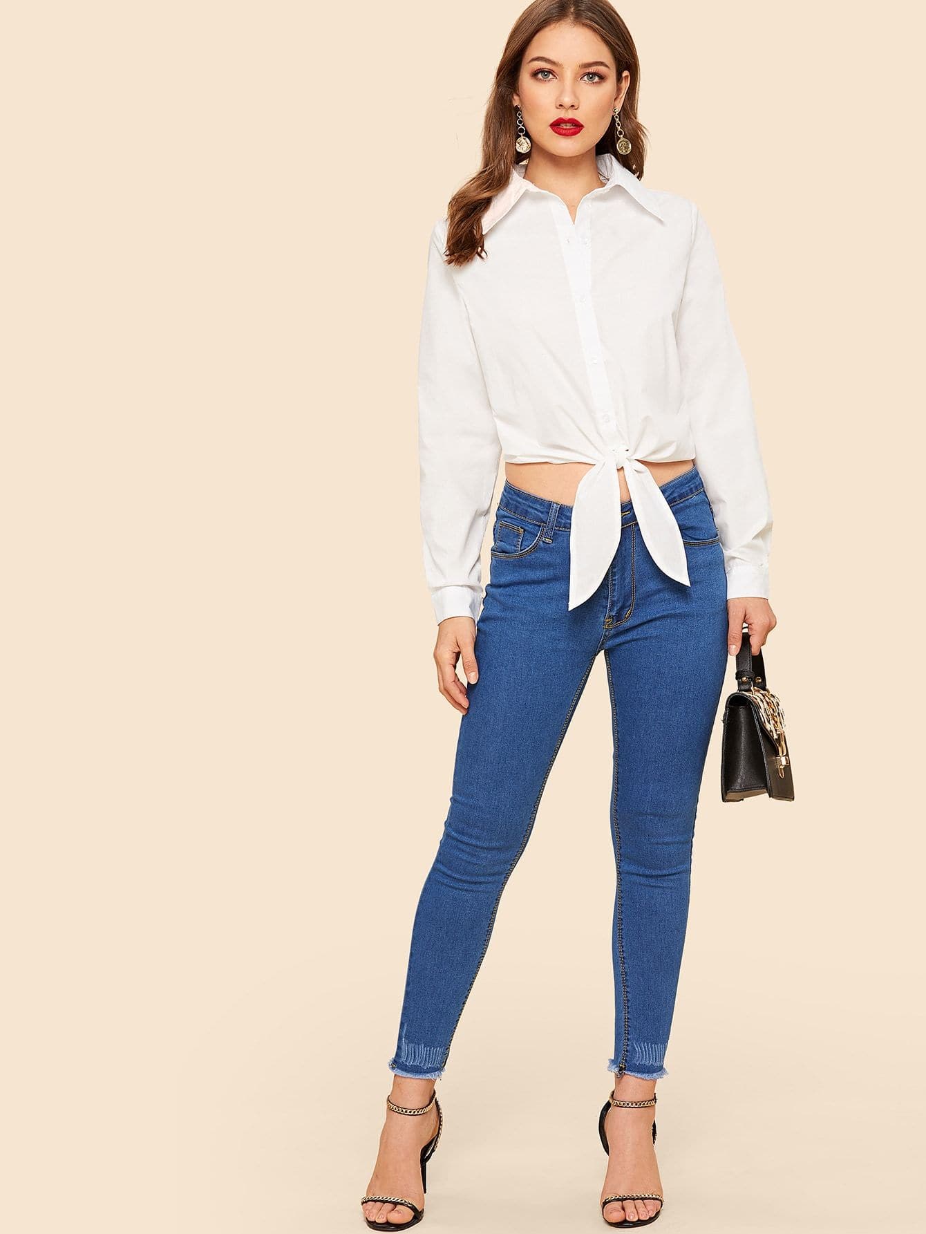 White Long Sleeve 80s Button Up Knot Hem Crop Shirt