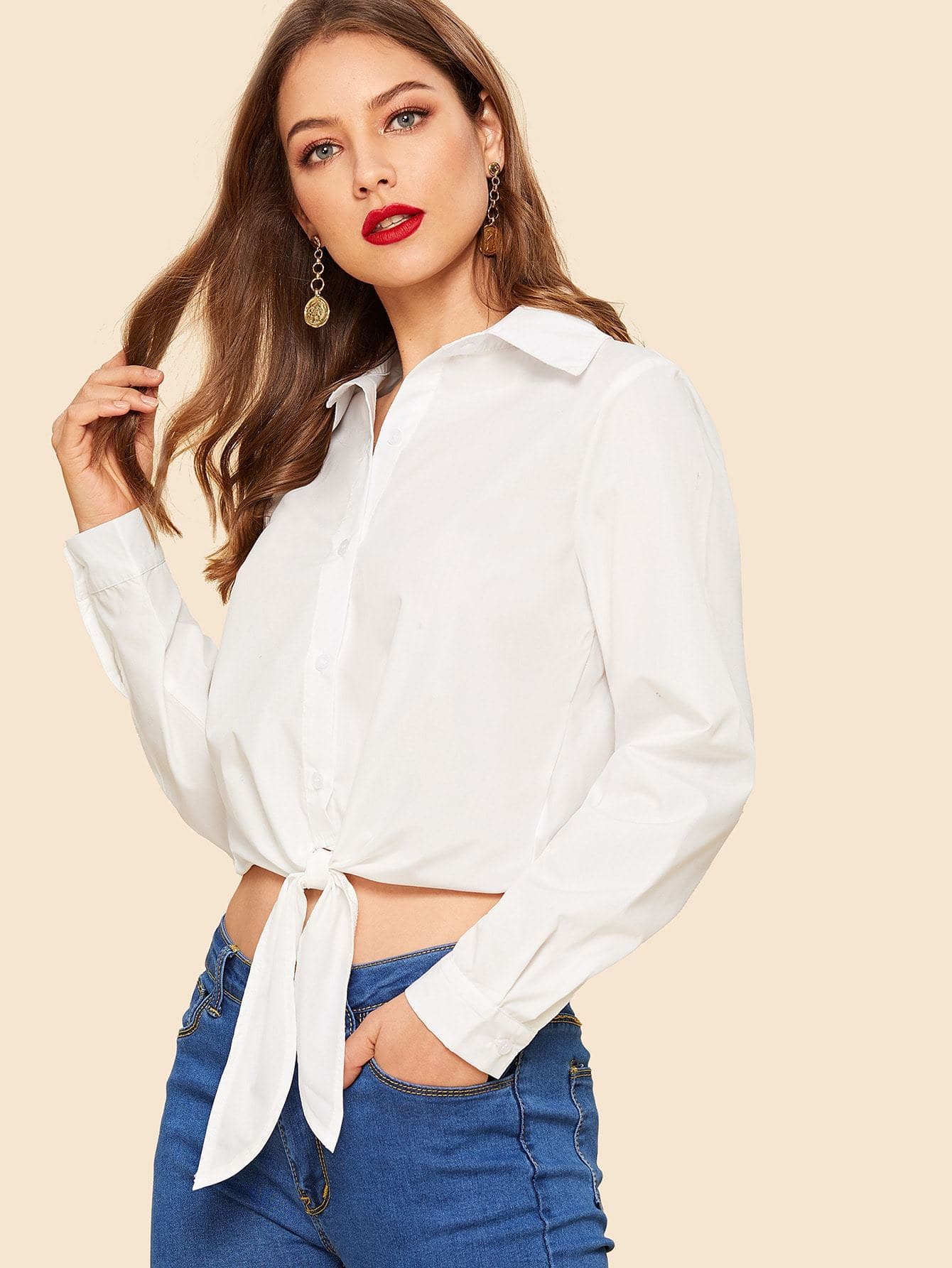 White Long Sleeve 80s Button Up Knot Hem Crop Shirt