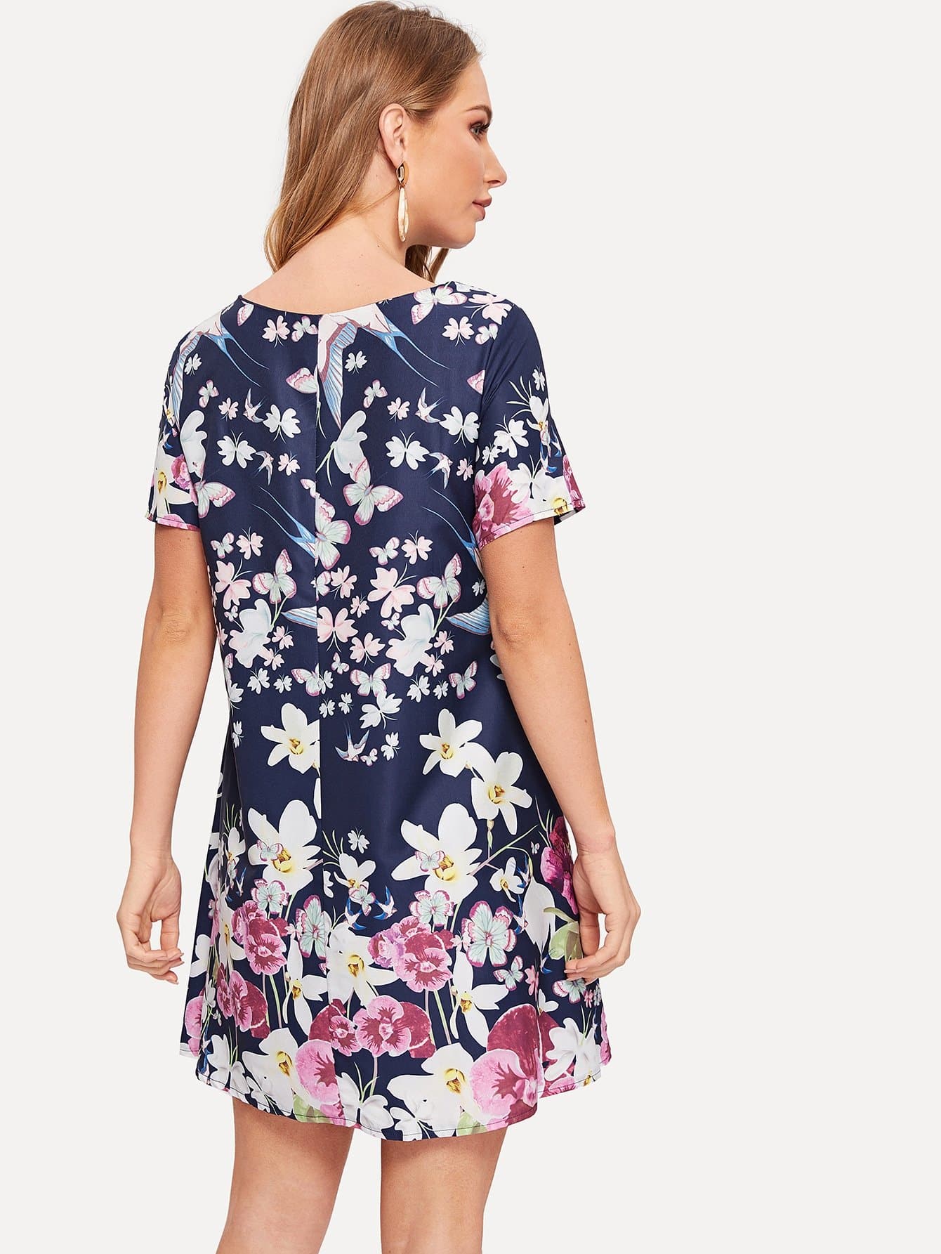 Polyester Round Neck Short Sleeve Flower Print Trapeze Dress