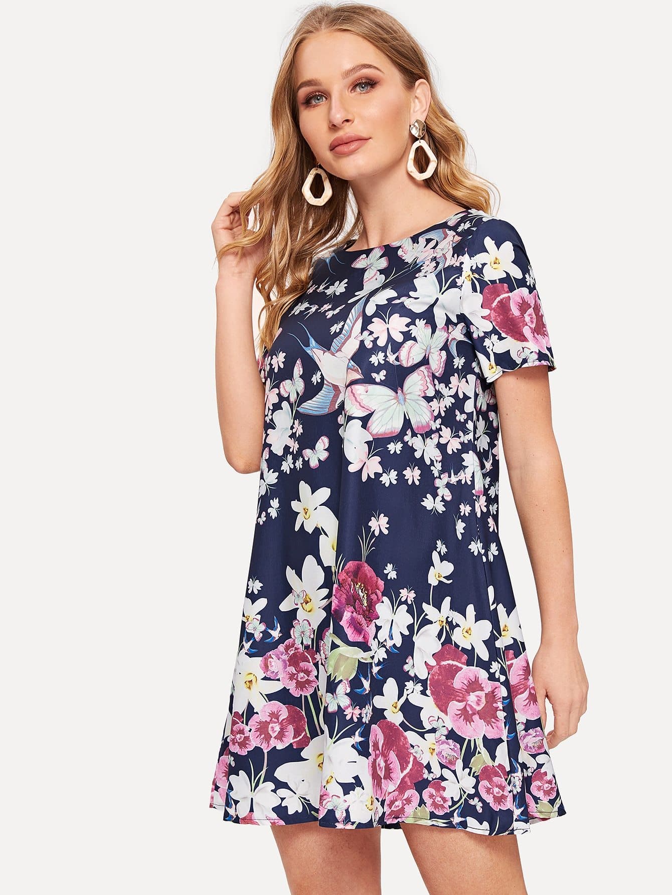 Polyester Round Neck Short Sleeve Flower Print Trapeze Dress
