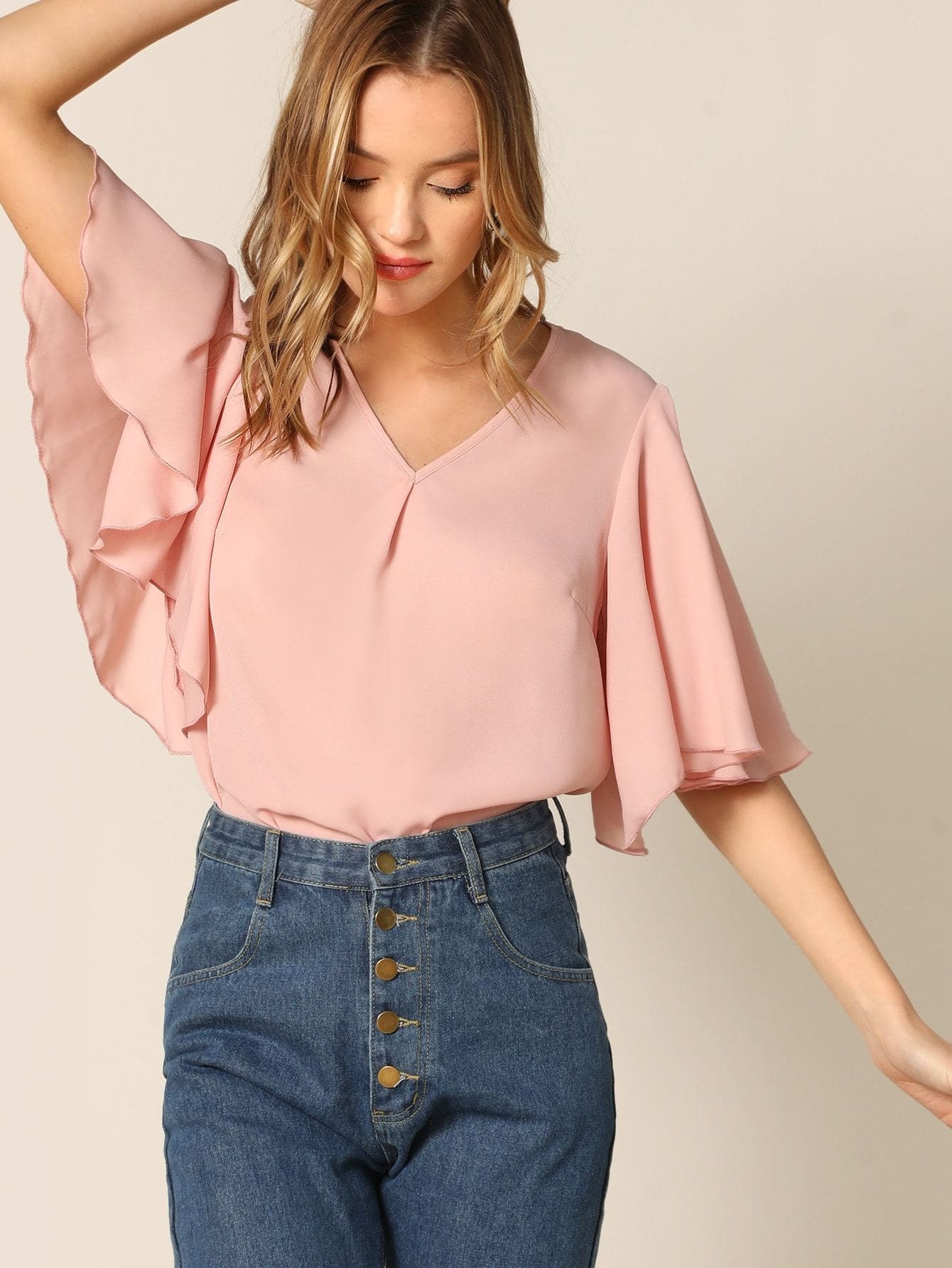 V-Neck Half Sleeve V-neck Flutter Sleeve Solid Top
