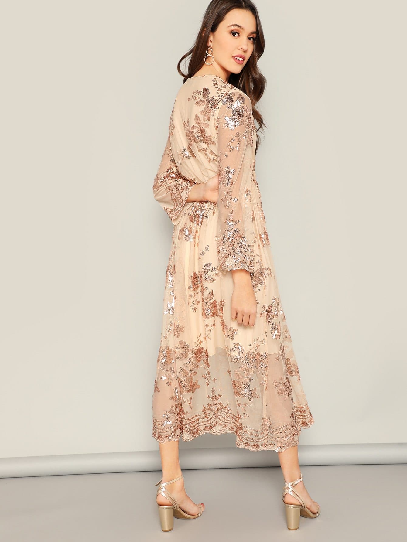 Champagne V Neck Scalloped Wrap Front Floral Sequin Dress