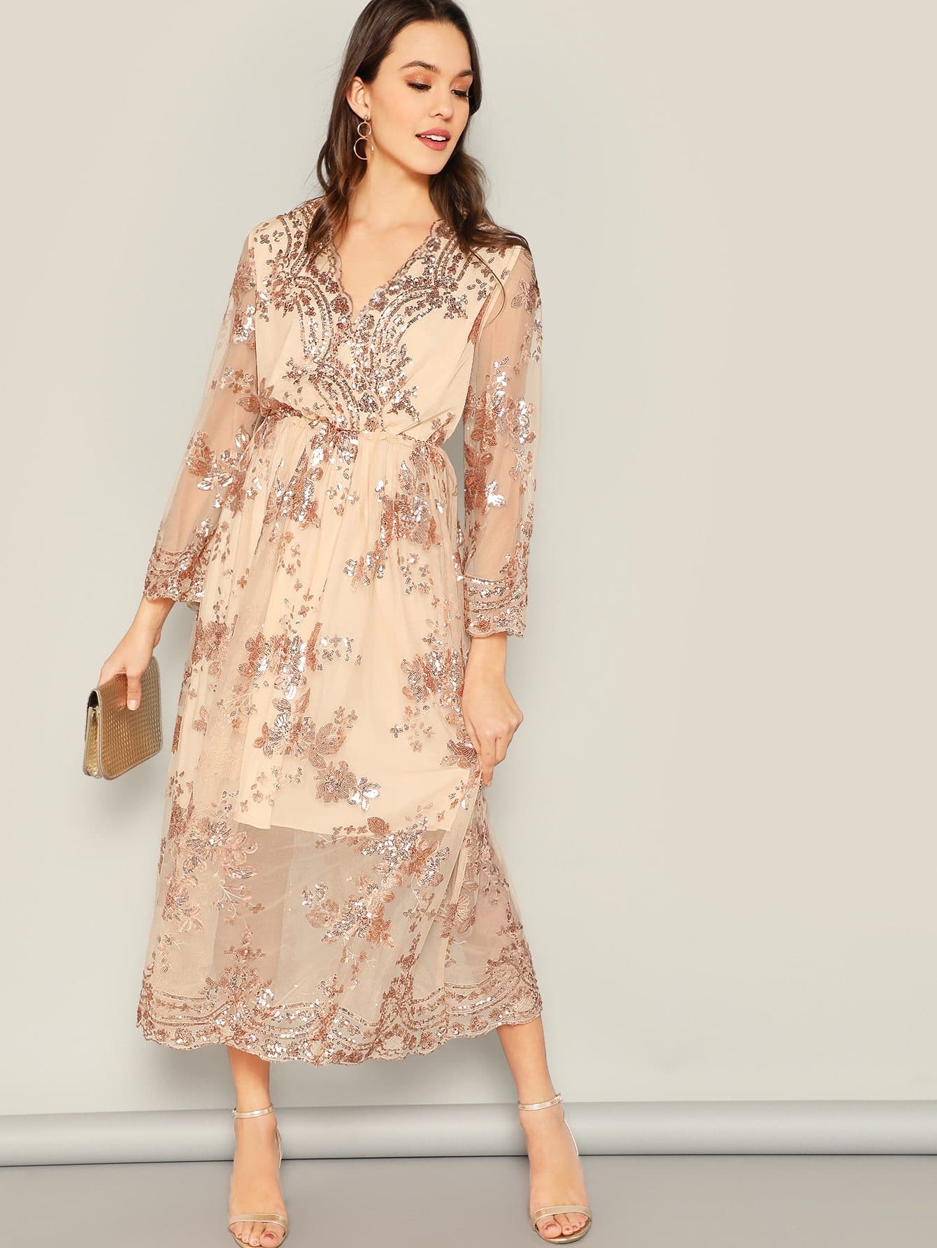 Champagne V Neck Scalloped Wrap Front Floral Sequin Dress