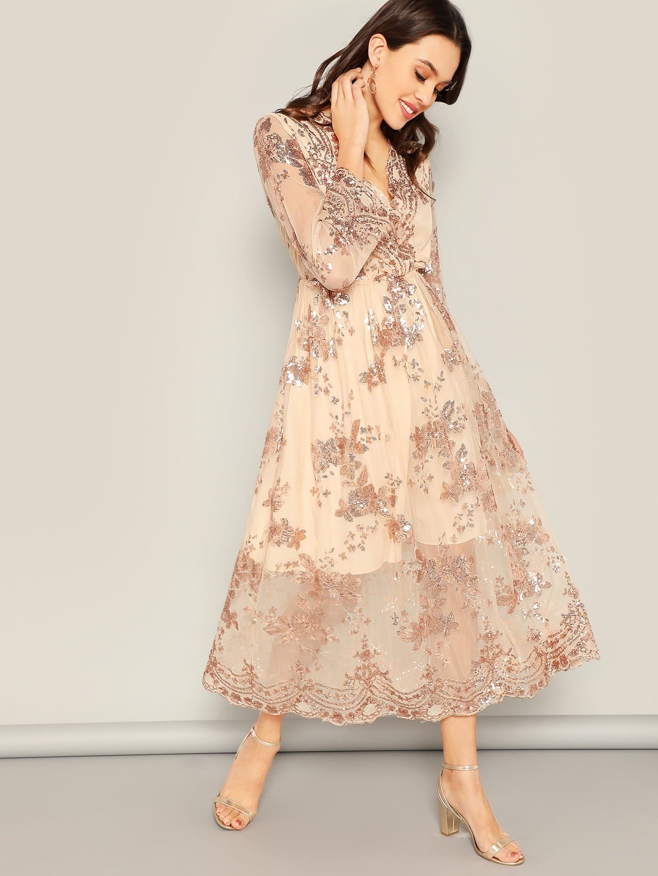 Champagne V Neck Scalloped Wrap Front Floral Sequin Dress