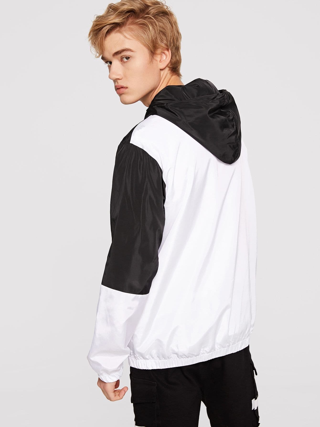 Black and White Two Tone Zip Up Windbreaker Hoodie Jacket