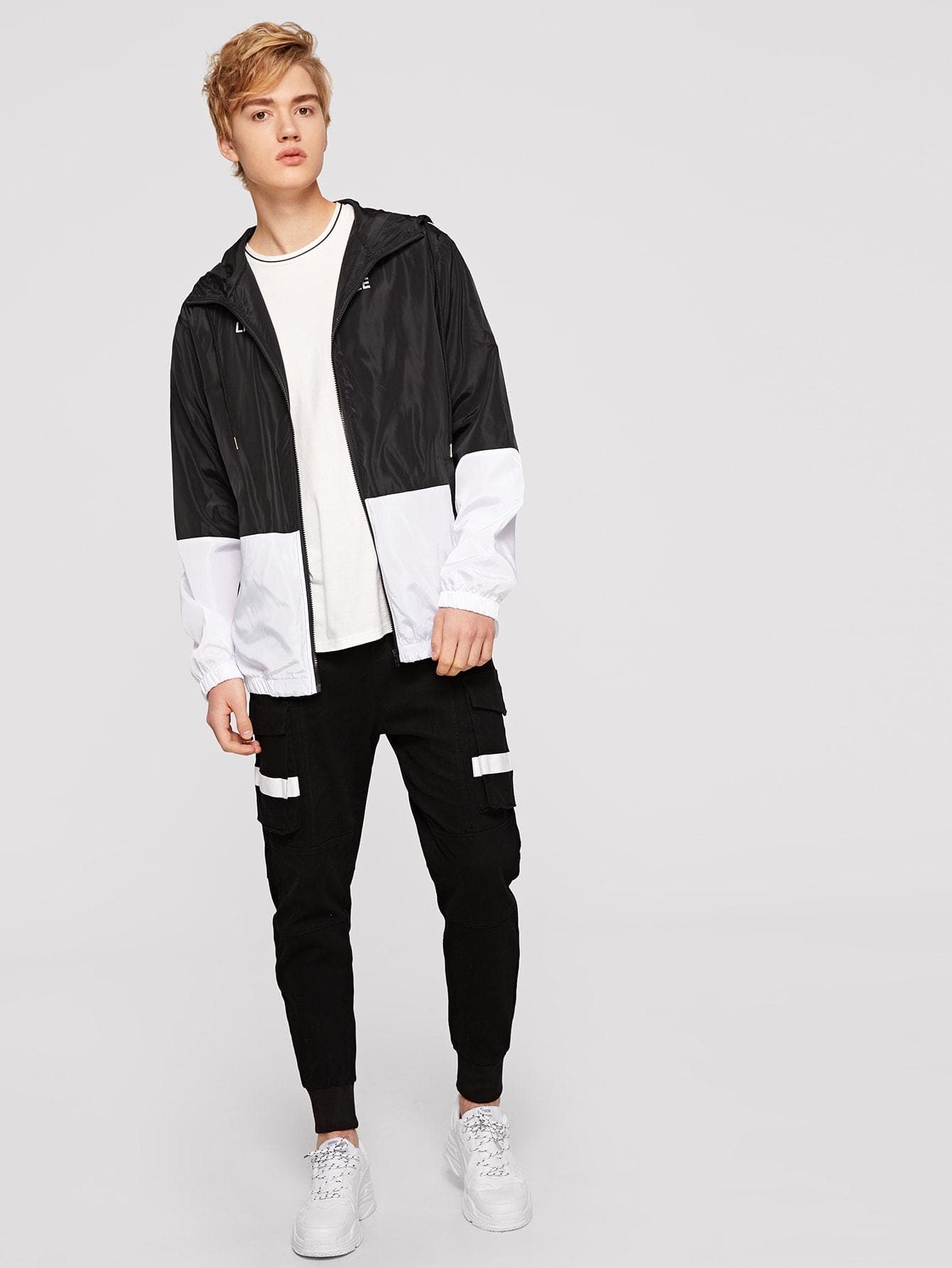 Black and White Two Tone Zip Up Windbreaker Hoodie Jacket