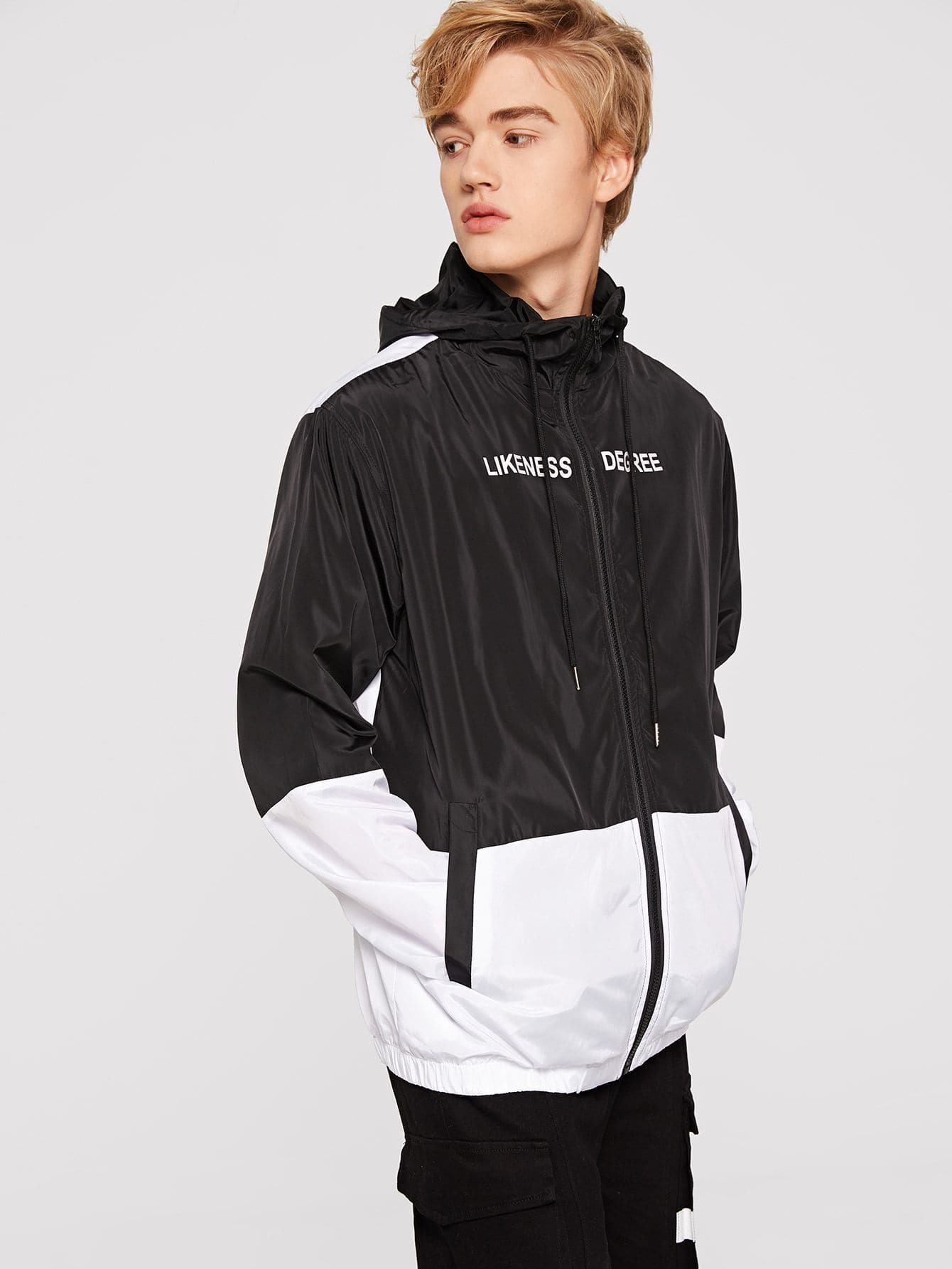 Black and White Two Tone Zip Up Windbreaker Hoodie Jacket