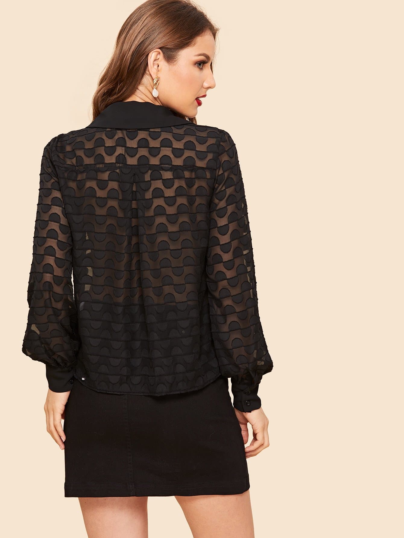 Black Tied Neck Long Sleeve Semi Sheer Blouse Top