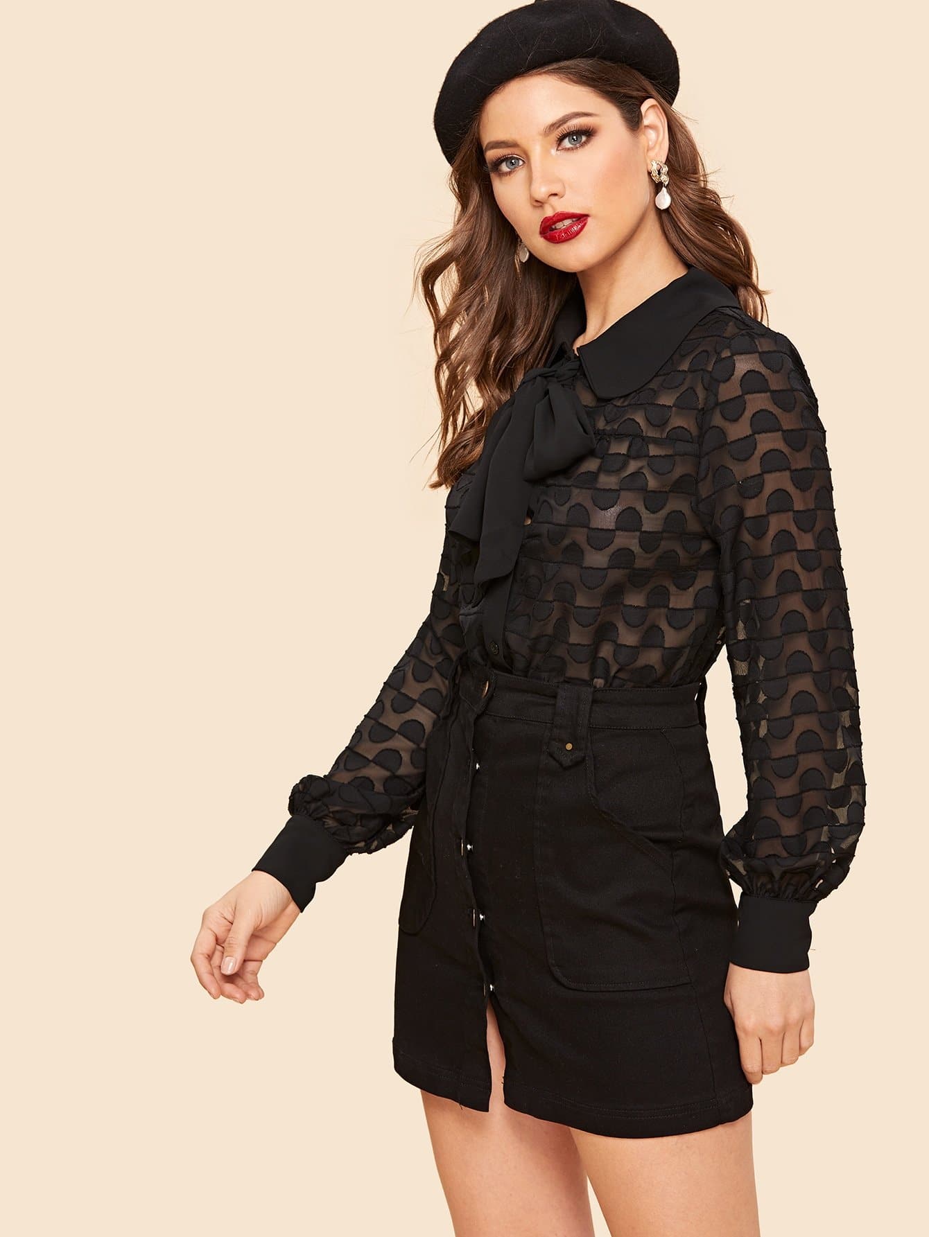 Black Tied Neck Long Sleeve Semi Sheer Blouse Top