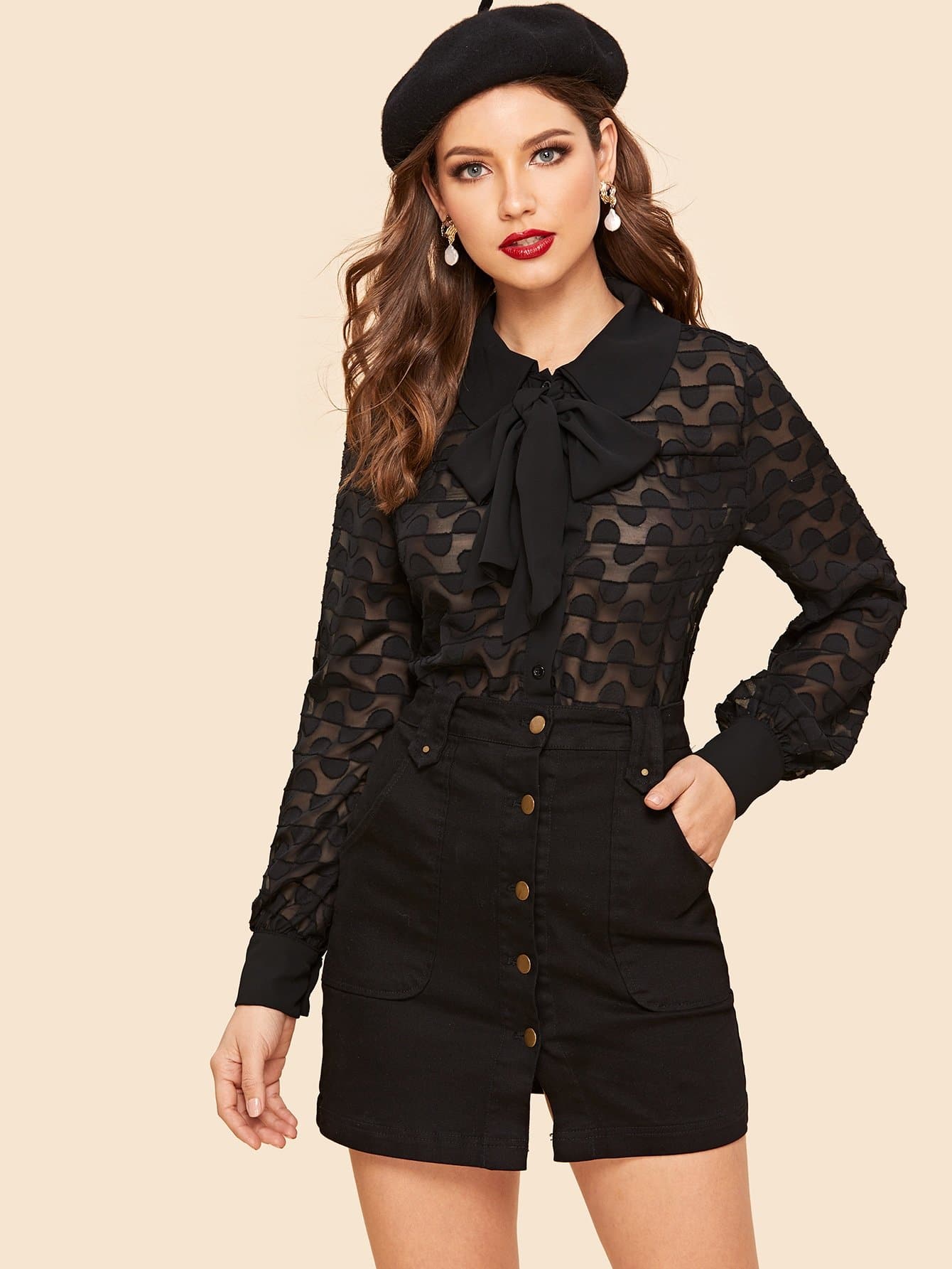 Black Tied Neck Long Sleeve Semi Sheer Blouse Top