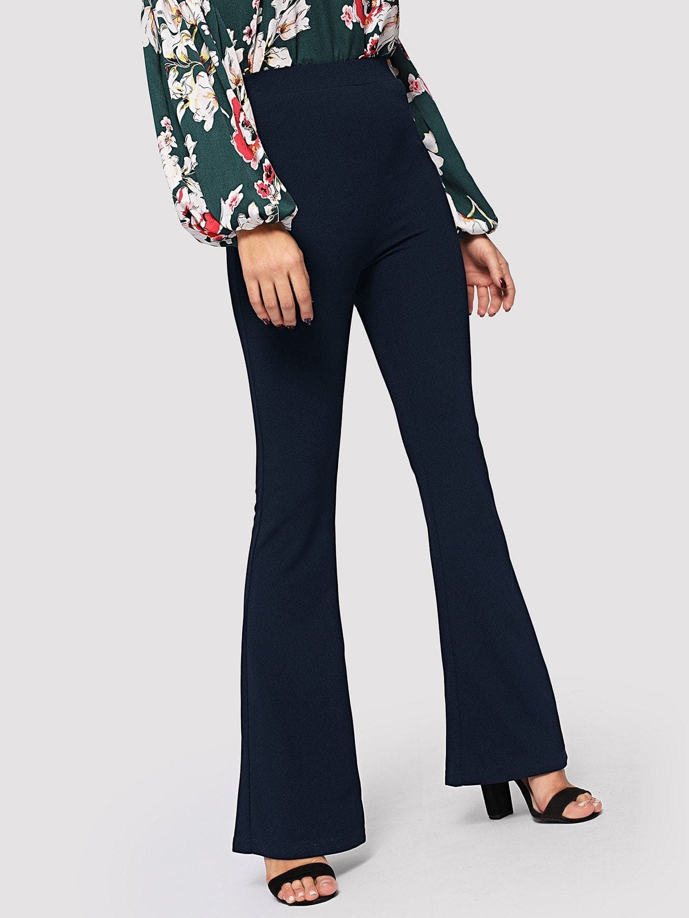 Polyester Elastic High Waist Solid Flare Leg Pants
