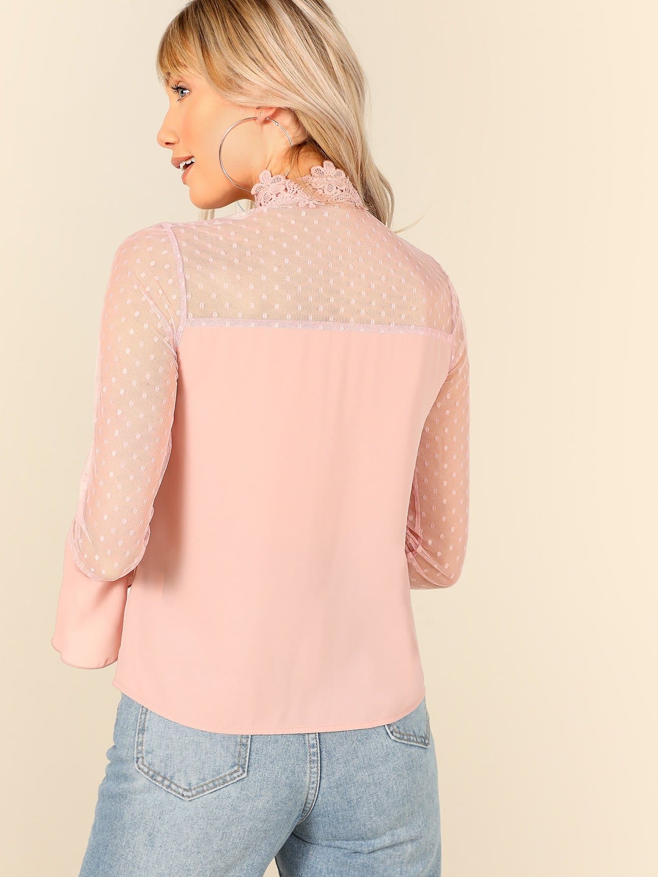 Stand Collar 100% Polyester Lace Applique Mesh Insert Ruffle Cuff Tie Neck Blouse