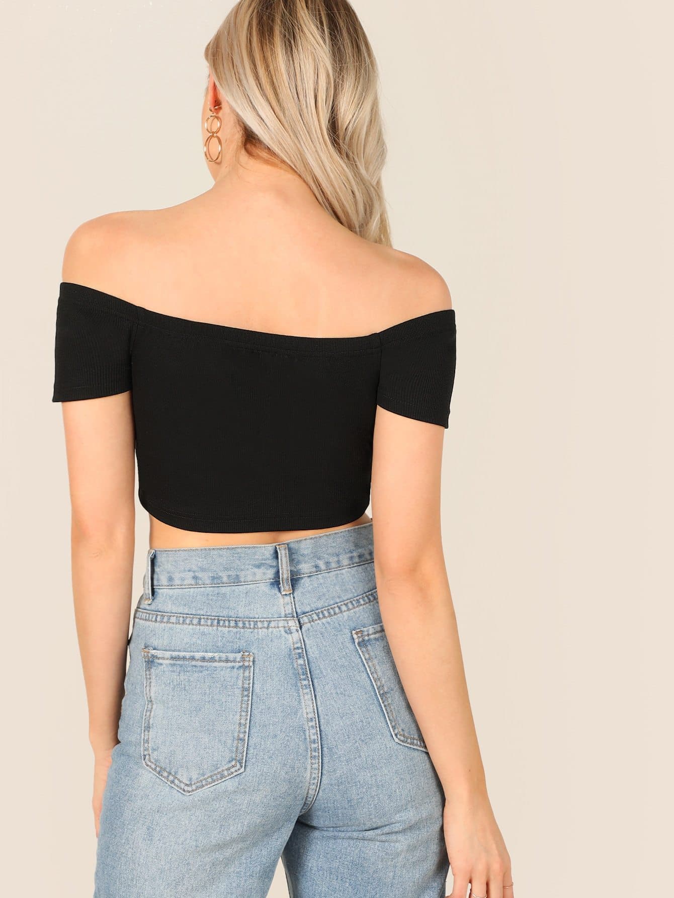 Black Off Shoulder Button Up Crop Bardot Top