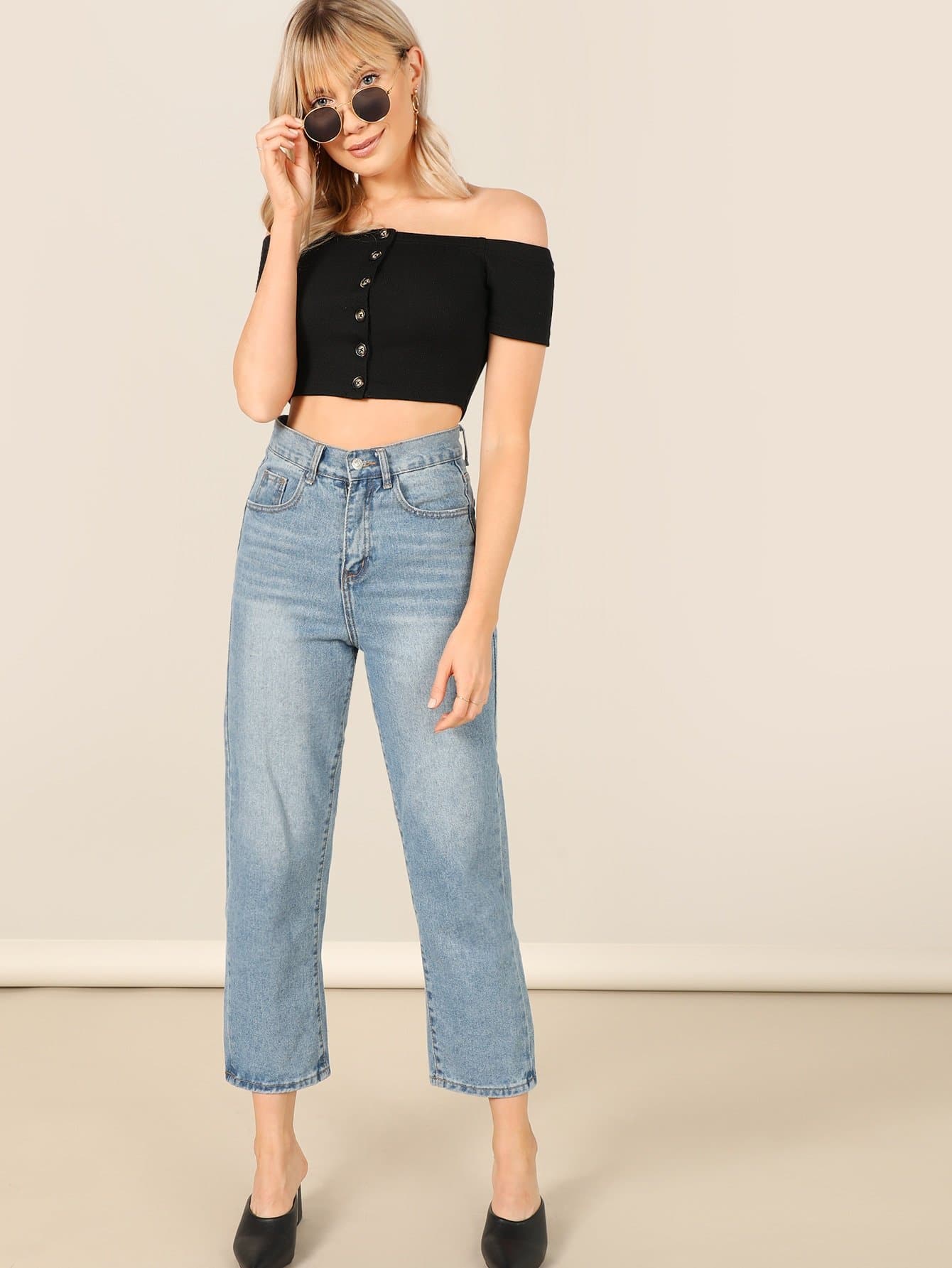 Black Off Shoulder Button Up Crop Bardot Top