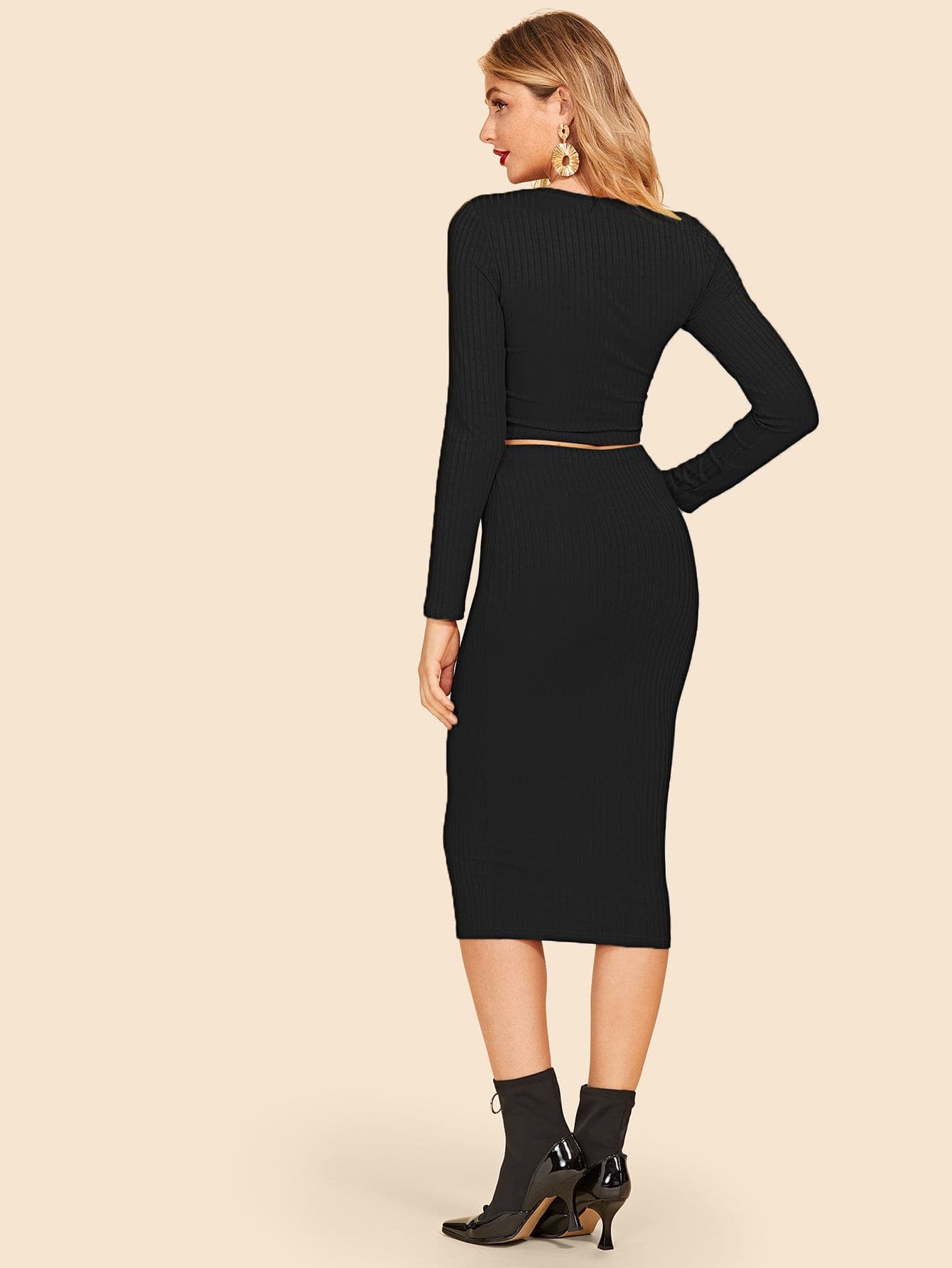 Round Neck Rib-knit Form Fitting Crop Top & Skirt Set