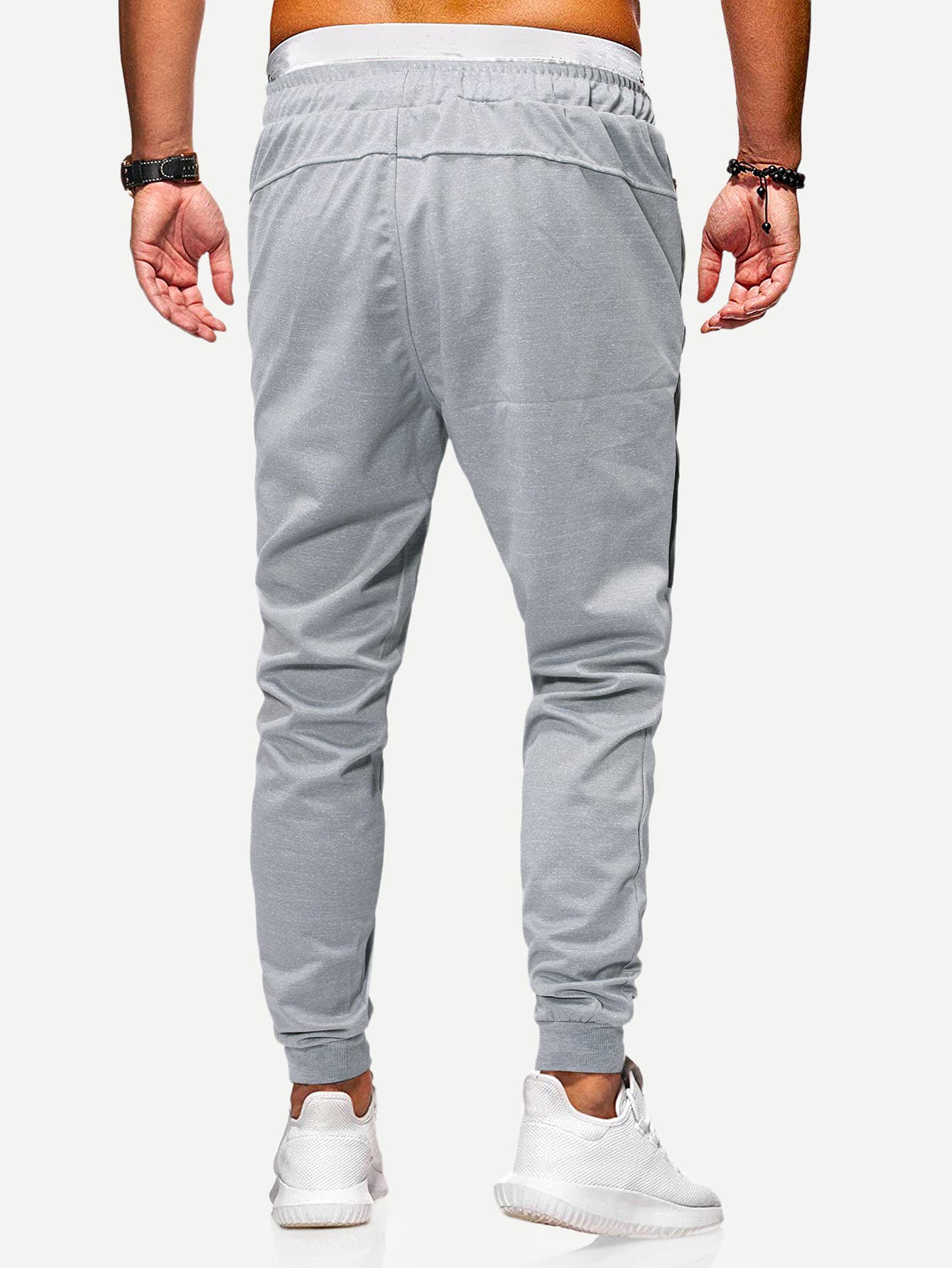 Contrast PU Zipper Side Drawstring Cotton Sweatpants