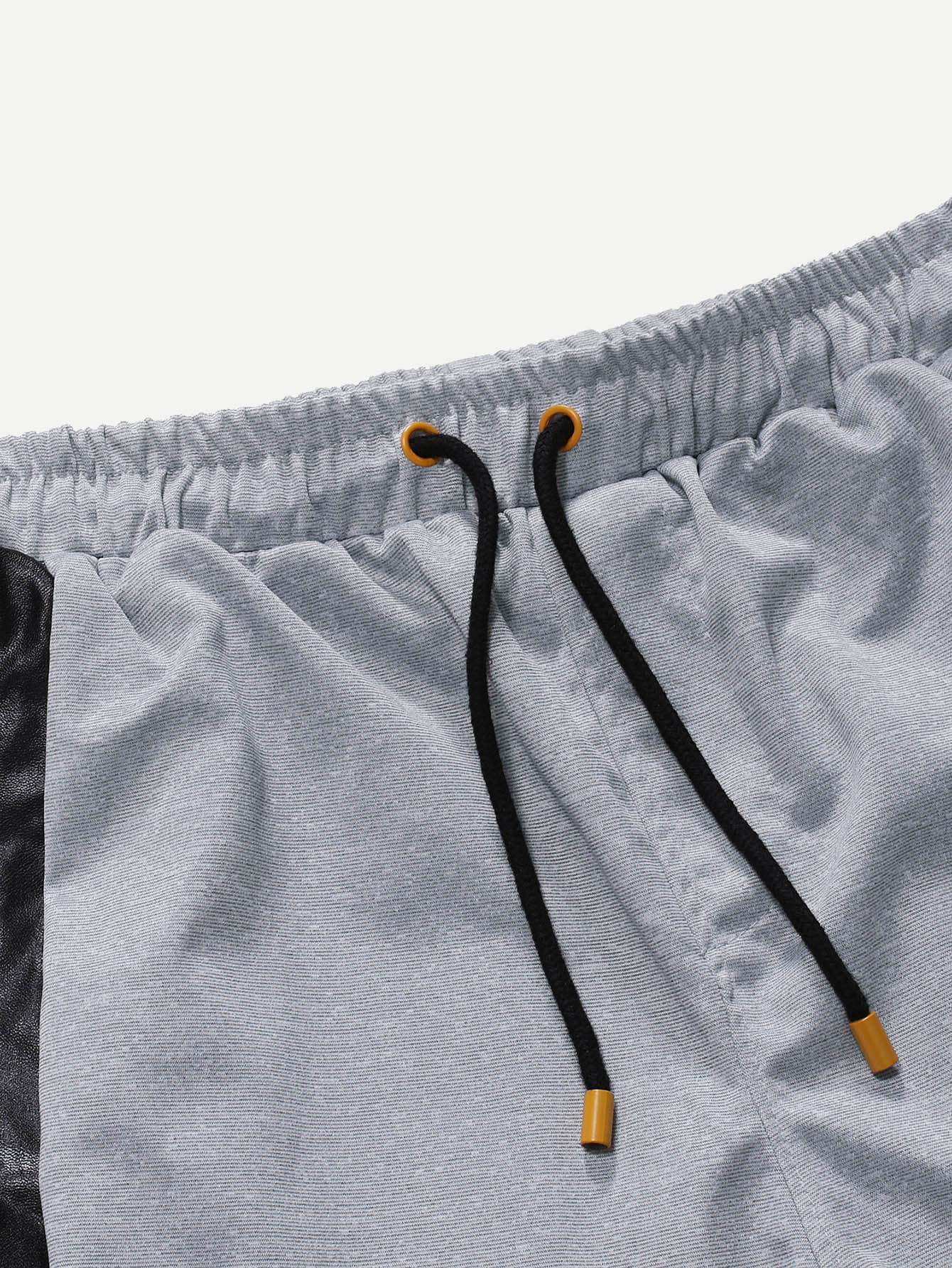 Contrast PU Zipper Side Drawstring Cotton Sweatpants