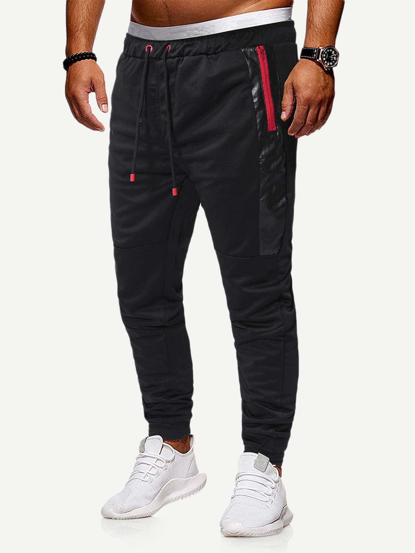 Contrast PU Zipper Side Drawstring Cotton Sweatpants