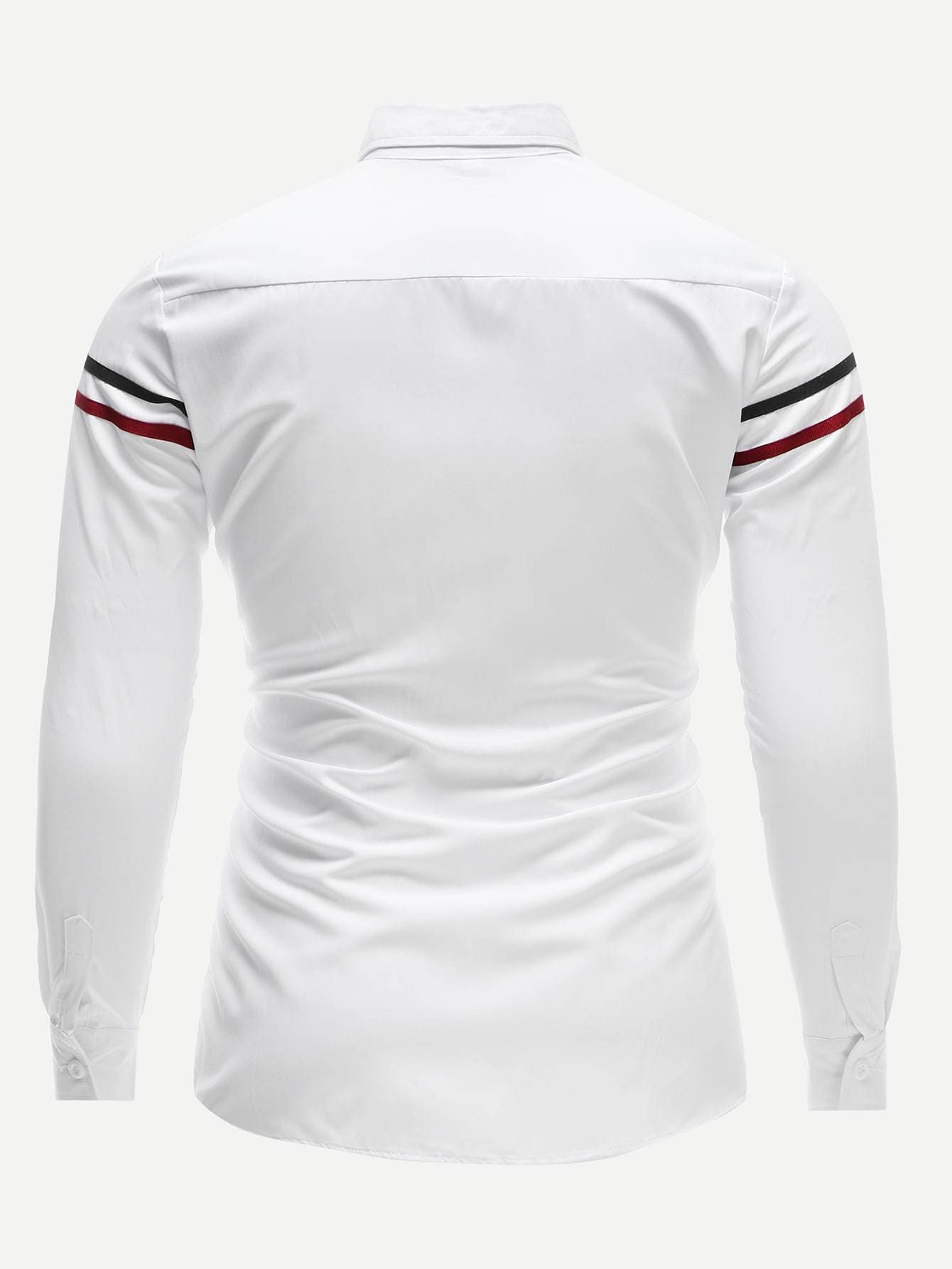 White Long Sleeve Striped Panel Slim Fit Shirt