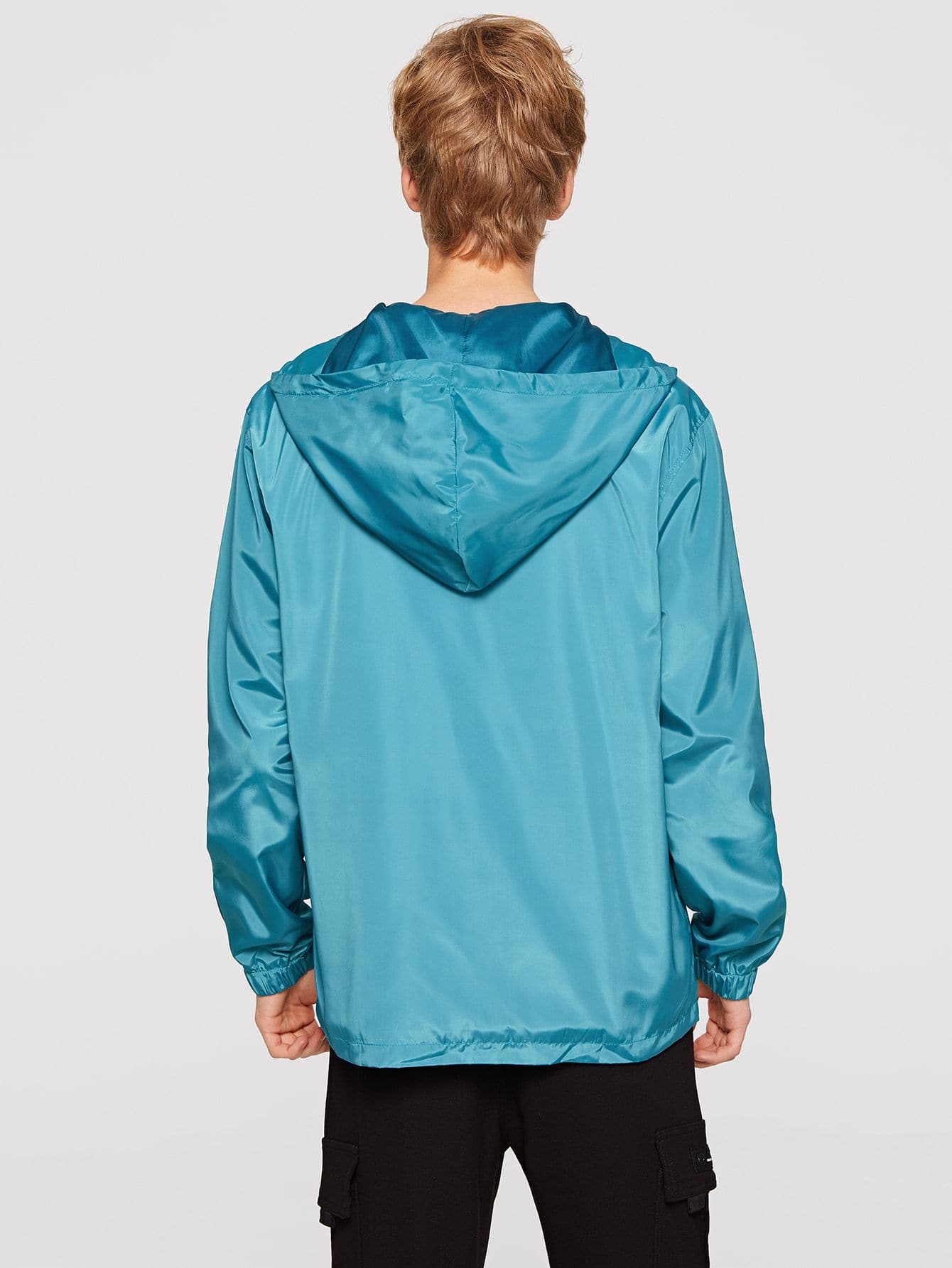 Blue Embroidered Flap Pocket Windbreaker Hoodie Jacket