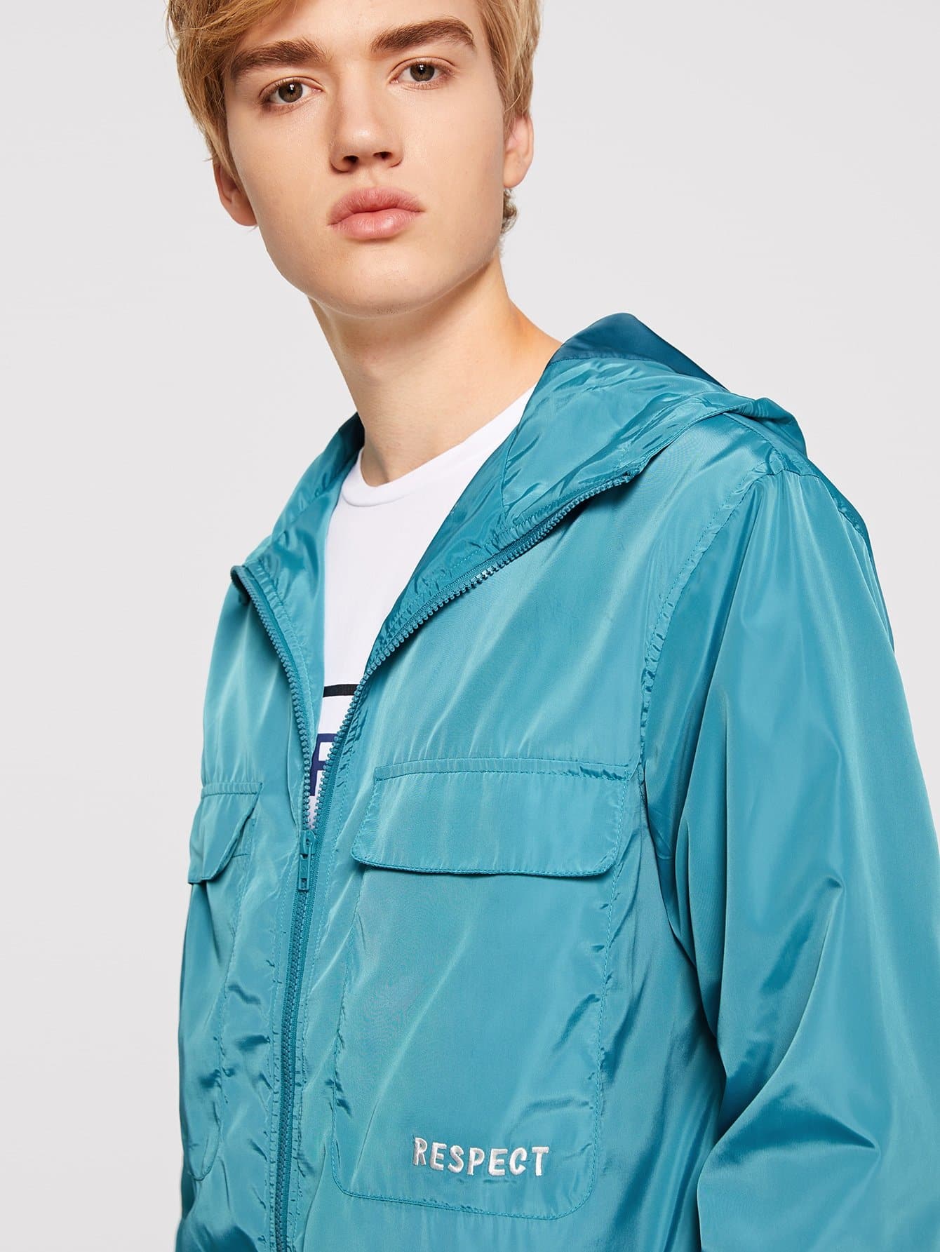 Blue Embroidered Flap Pocket Windbreaker Hoodie Jacket