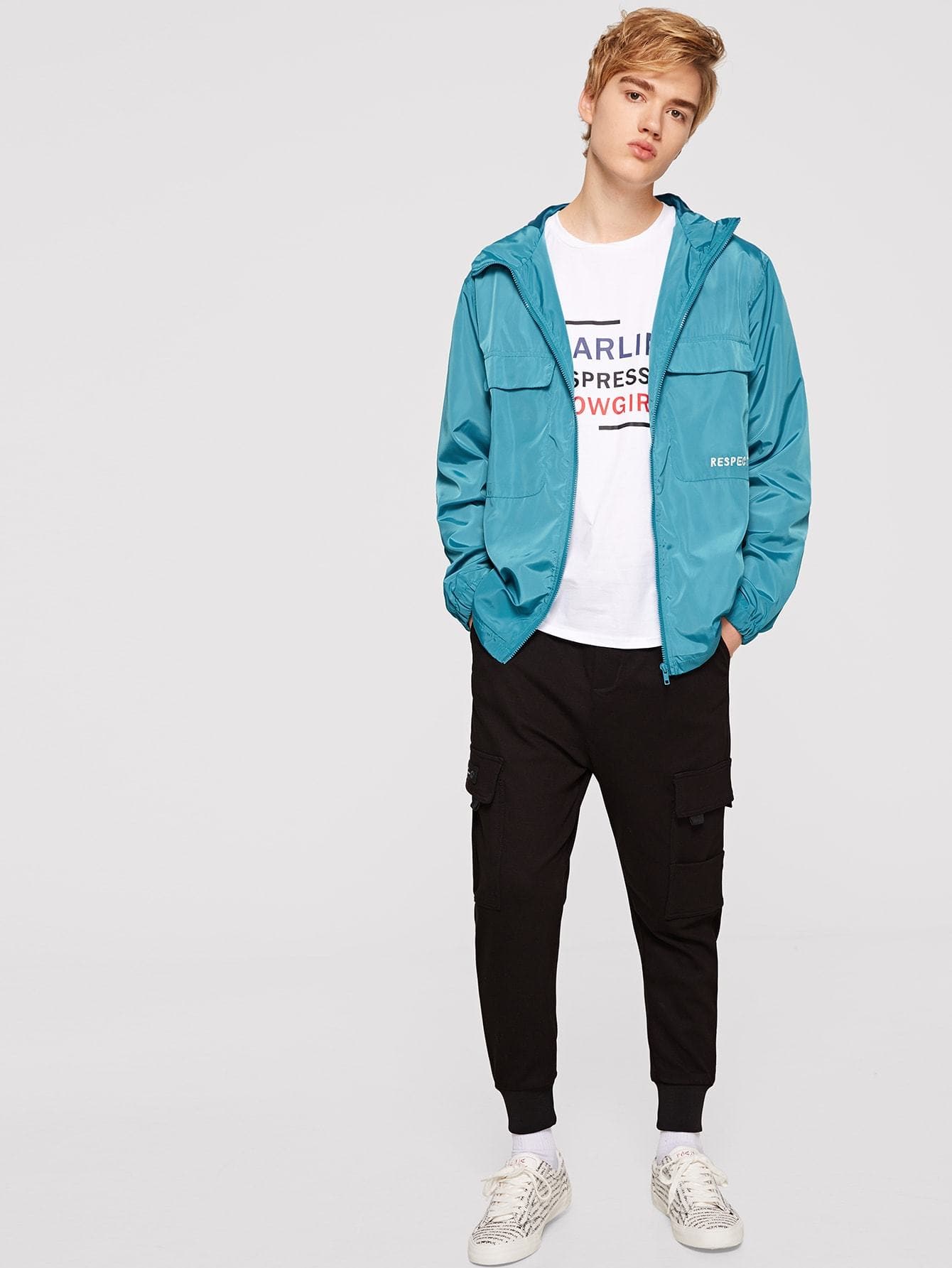 Blue Embroidered Flap Pocket Windbreaker Hoodie Jacket