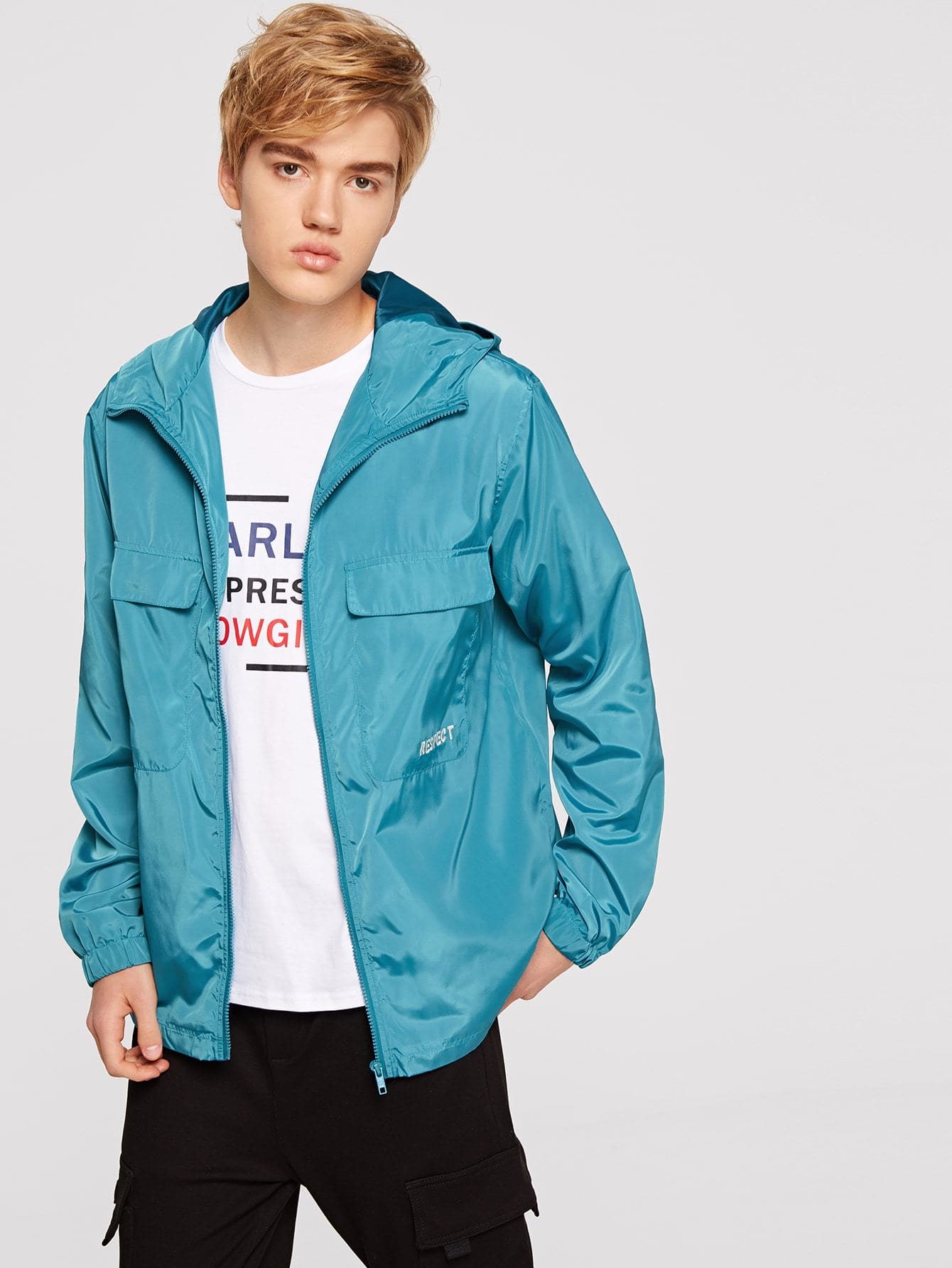 Blue Embroidered Flap Pocket Windbreaker Hoodie Jacket