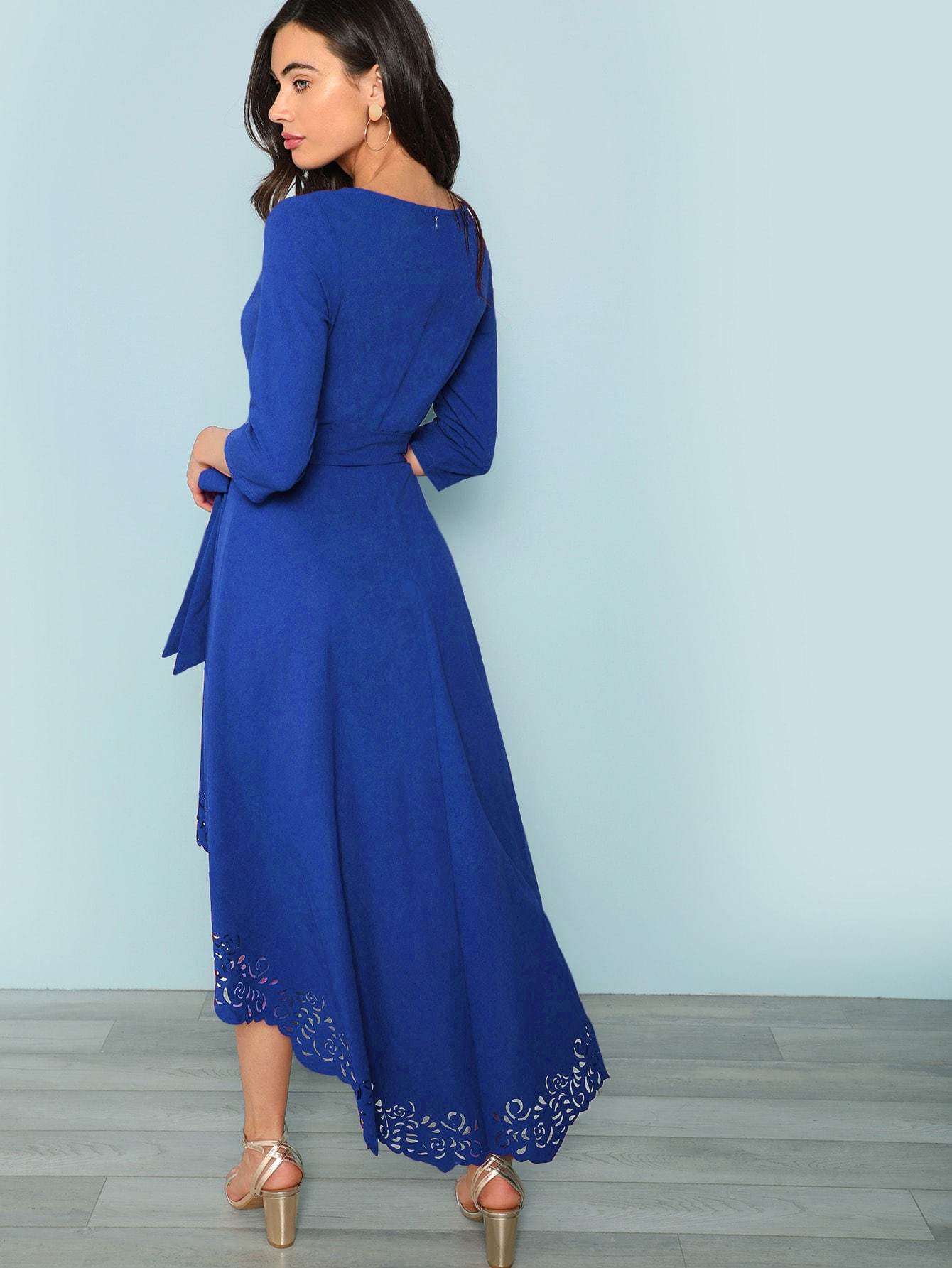 Boat Neck Scalloped Laser Cut Self Belted Dip Hem Dress