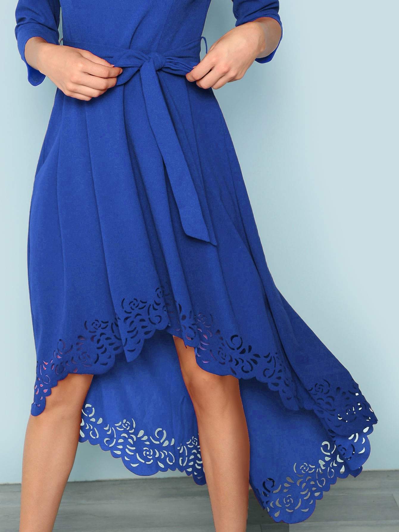 Boat Neck Scalloped Laser Cut Self Belted Dip Hem Dress