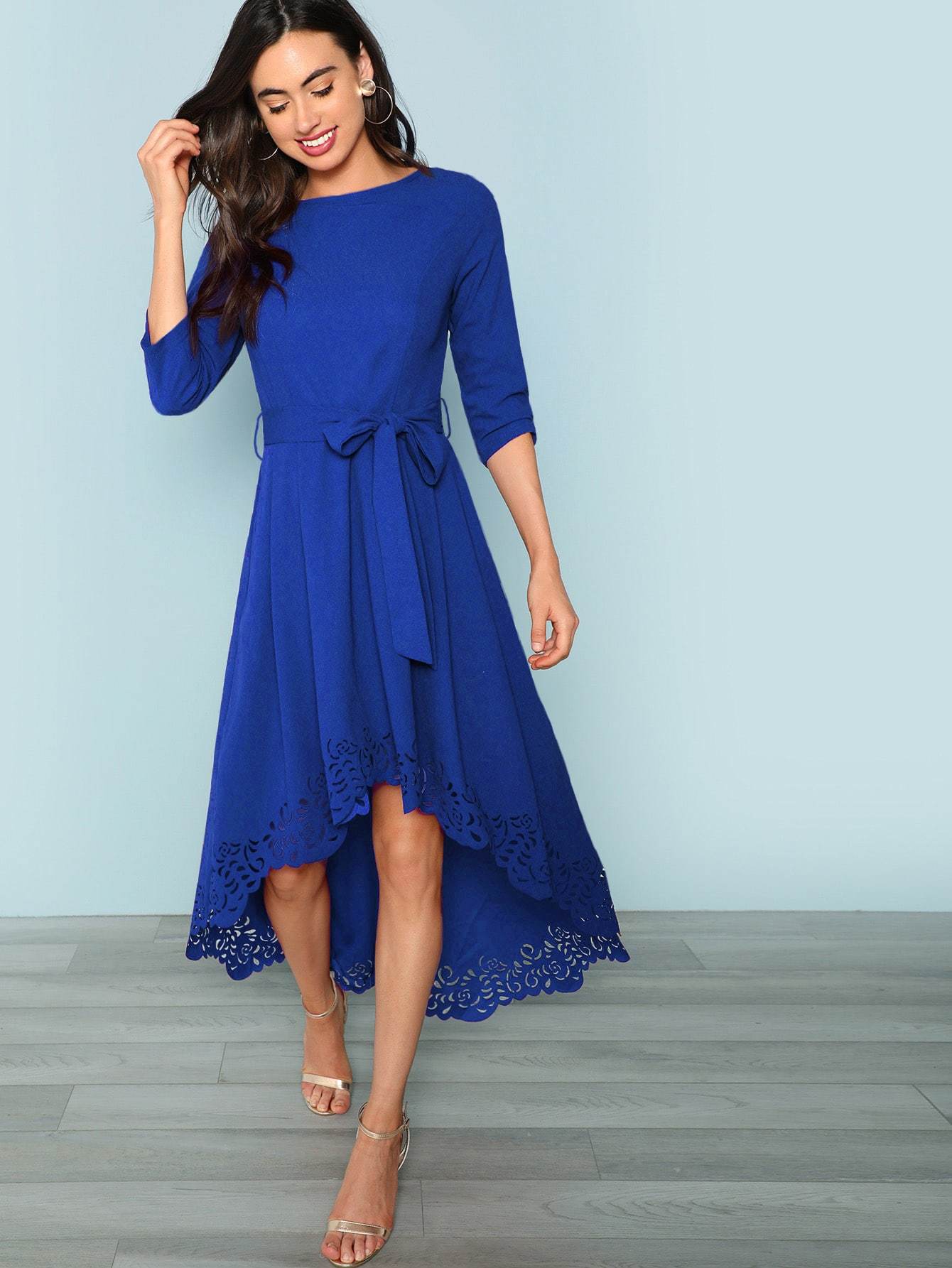 Boat Neck Scalloped Laser Cut Self Belted Dip Hem Dress