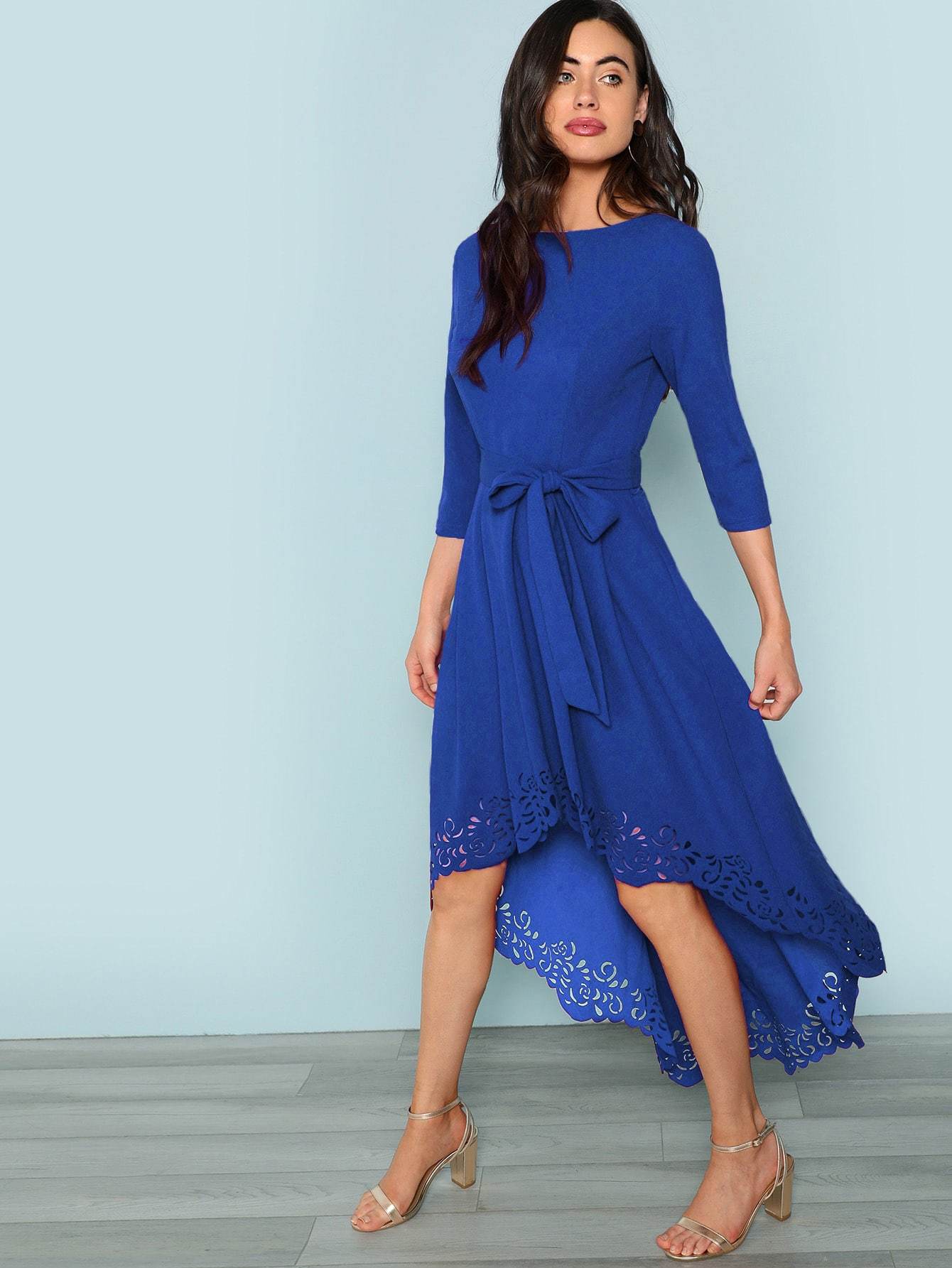 Boat Neck Scalloped Laser Cut Self Belted Dip Hem Dress