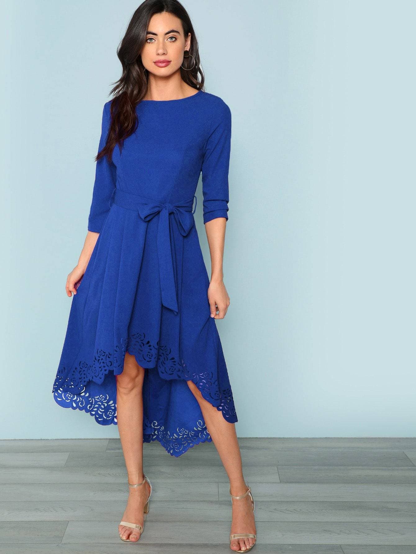 Boat Neck Scalloped Laser Cut Self Belted Dip Hem Dress