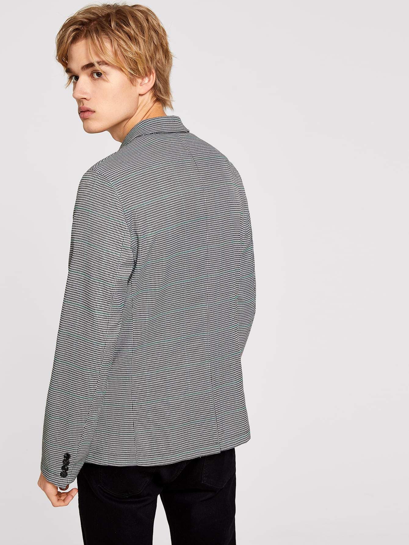 Black and White Single Breasted Notch Collar Houndstooth Blazer