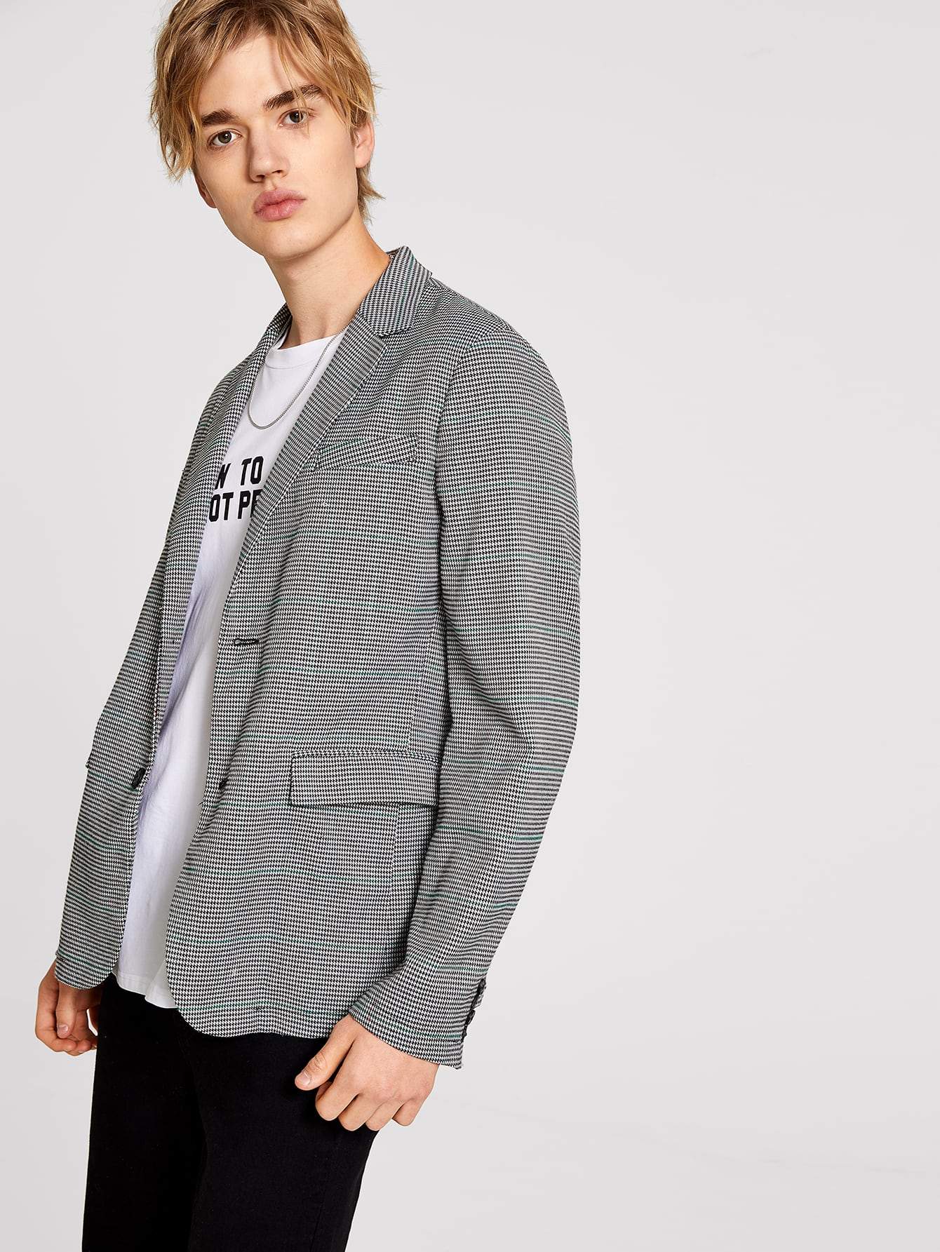 Black and White Single Breasted Notch Collar Houndstooth Blazer
